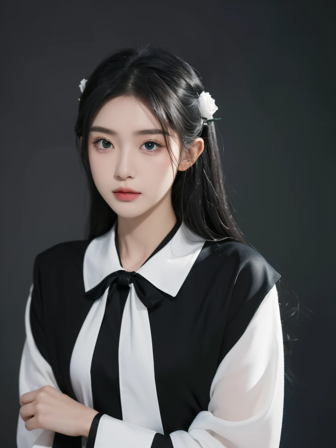 ((tmasterpiece, Best quality at best)),Best aesthetics,1 Sister, Alone, Long gray hair, Black dress, blossoms, ribbons, with black background, black hair color hair, rosette, shairband, Green-eyed, longer sleeves, Rose blanche, shut up, black ribbon, Upper part of the body, 电影灯光