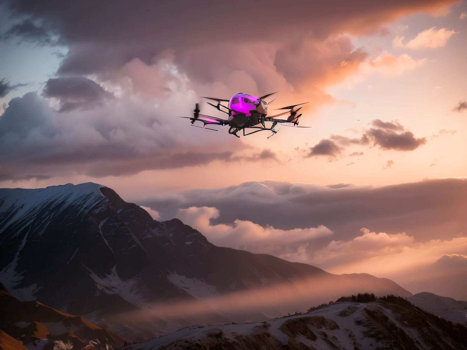 There  a large pink helicopter flying over the snowy mountains, drone wide shot, hovering drone, drone point of view, UAVs, Fly drones, Drones in the sky, Wide-angle panorama, drone point of view, UAVs, bird's eyes view, Wide-angle overhead shooting, drone photography, Suspended in the air, wide wide shot