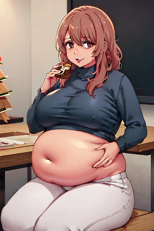 miyako Saitou, very fat, safe for work, fat, large belly, standing, grabbing belly, very fat, large stomach, chubby (best quality, masterpiece), Christmas, wearing sweater, eating, sitting down, table full of food, cookies, eating cookies, very fat, Christmas season, Christmas time, Christmas season, brown hair