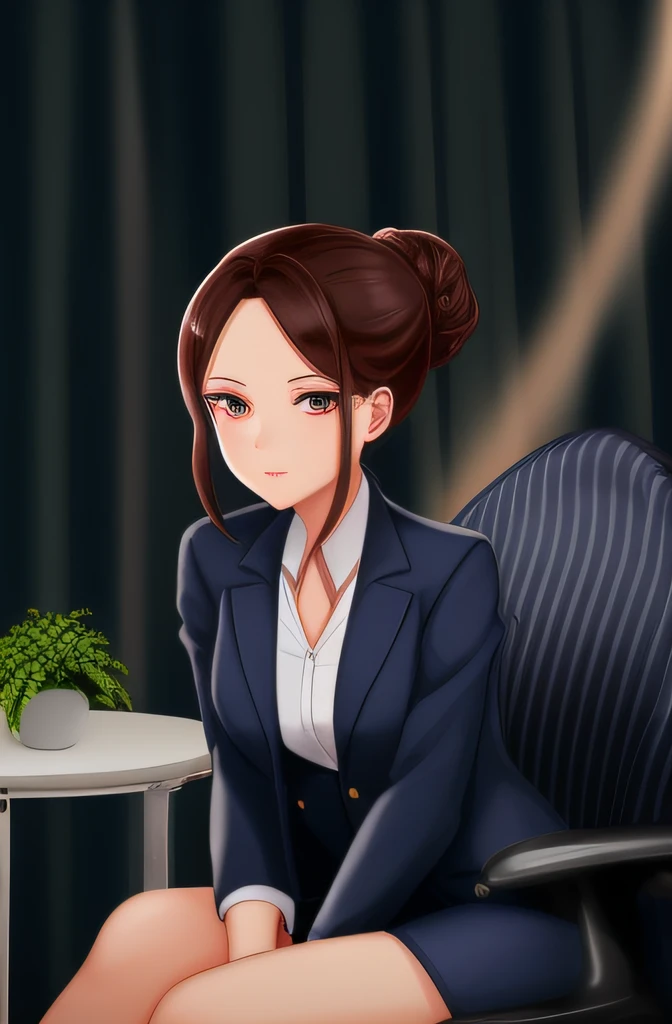 woman sitting on a chair in a dark room with a table and a plant, girl in a suit, girl in suit, sophisticated young woman, well lit professional photo, girl with messy bun hairstyle, woman in business suit, woman in black business suit, young business woman, business woman, photo of a beautiful woman, attractive woman, wearing a business suit, portrait shot