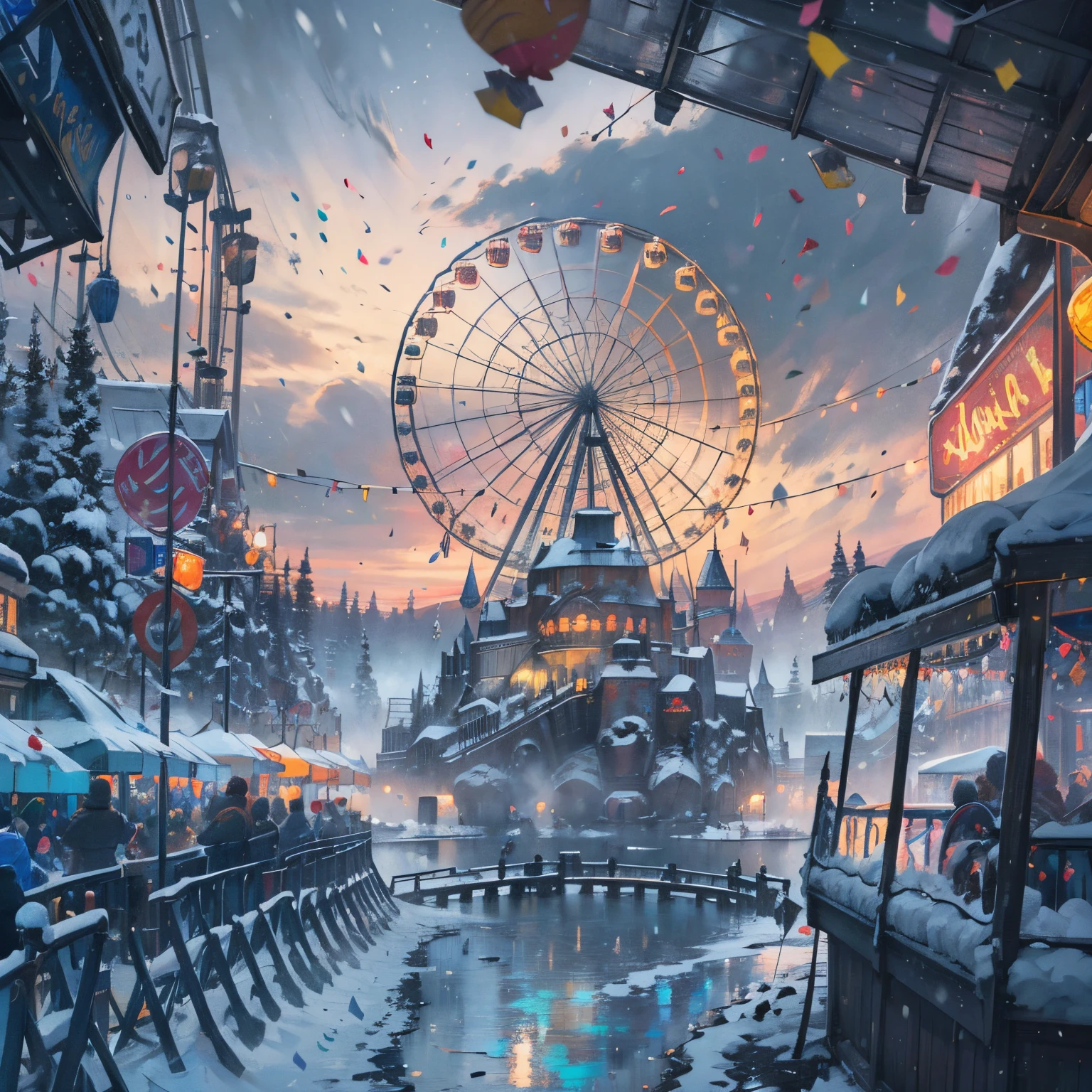 best quality, masterpiece, highres, detailed,
Winter Wonderland, amusement park, it's snowing, ferris wheel, roller coaster, balloons, confetti, candy land,