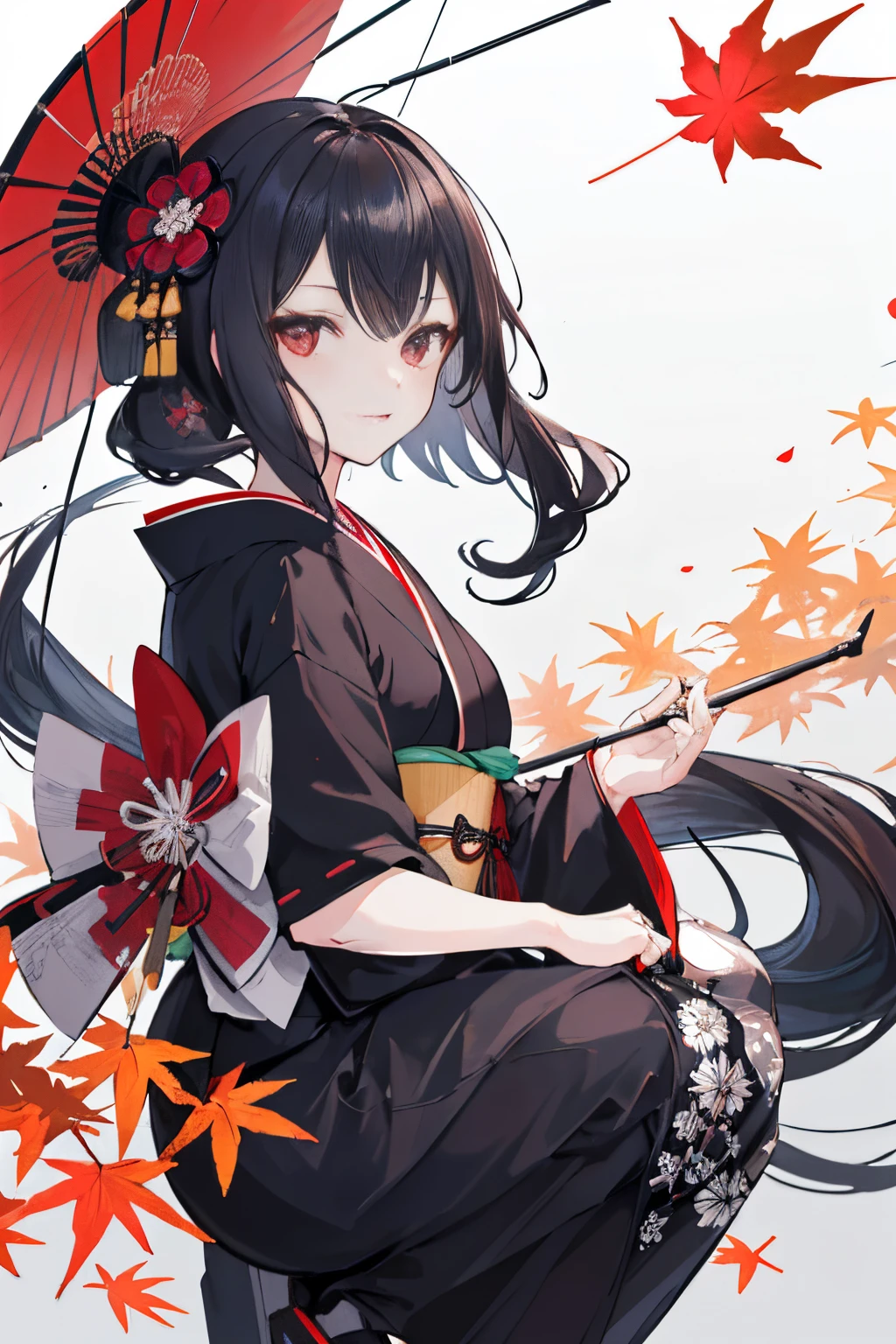 black kimono, hakama skirt, partially fingerless gloves, muneate 1 girl in, solo, archery,bow,Arrow, {{{Ukiyo-e_style}}},{{flat_style}},{simple_colors},{{{masterpiece}}},{katsushika_hokusai},long_hair,hair_flower,{{black_hair}},red_eyes,{chinoiserie},{{{best_quality}}},kimono,{{ultra-detailed}},{illustration},Maple_leaves_flying,{{1girl}},{{{solo}}},{{an_extremely_delicate_and_beautiful}},blank_stare,close_to_viewer,{breeze},{Flying_splashes},{Flying_petals},wind,{Gorgeous and rich graphics}