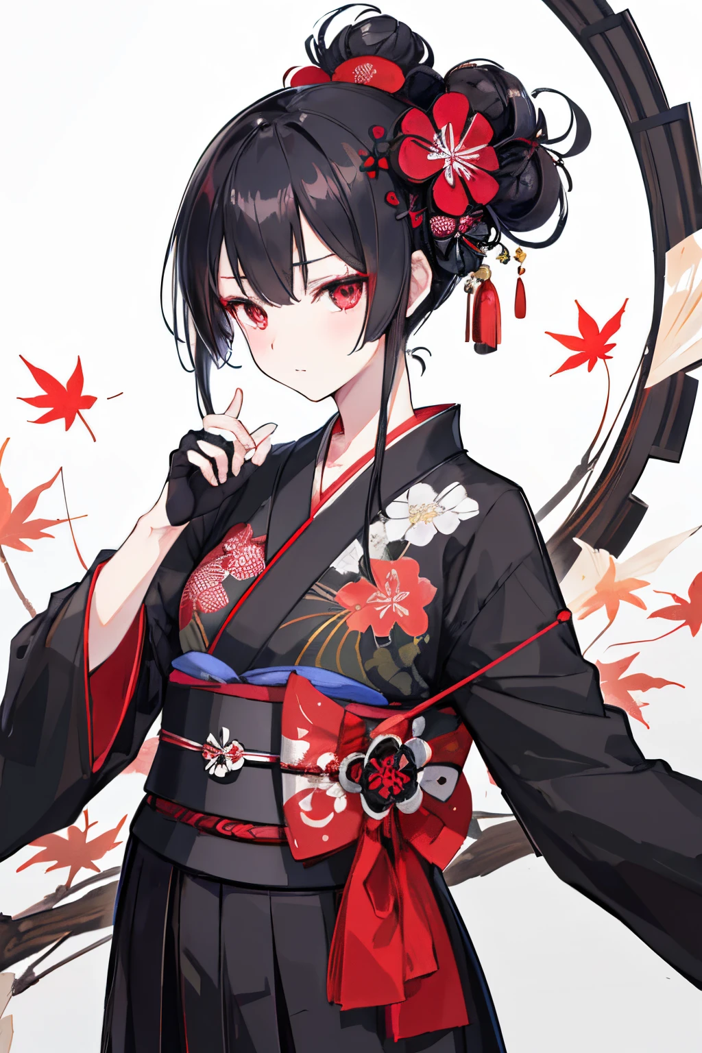 black kimono, hakama skirt, partially fingerless gloves, muneate 1 girl in, solo, archery,bow,Arrow, {{{Ukiyo-e_style}}},{{flat_style}},{simple_colors},{{{masterpiece}}},{katsushika_hokusai},long_hair,hair_flower,{{black_hair}},red_eyes,{chinoiserie},{{{best_quality}}},kimono,{{ultra-detailed}},{illustration},Maple_leaves_flying,{{1girl}},{{{solo}}},{{an_extremely_delicate_and_beautiful}},blank_stare,close_to_viewer,{breeze},{Flying_splashes},{Flying_petals},wind,{Gorgeous and rich graphics}