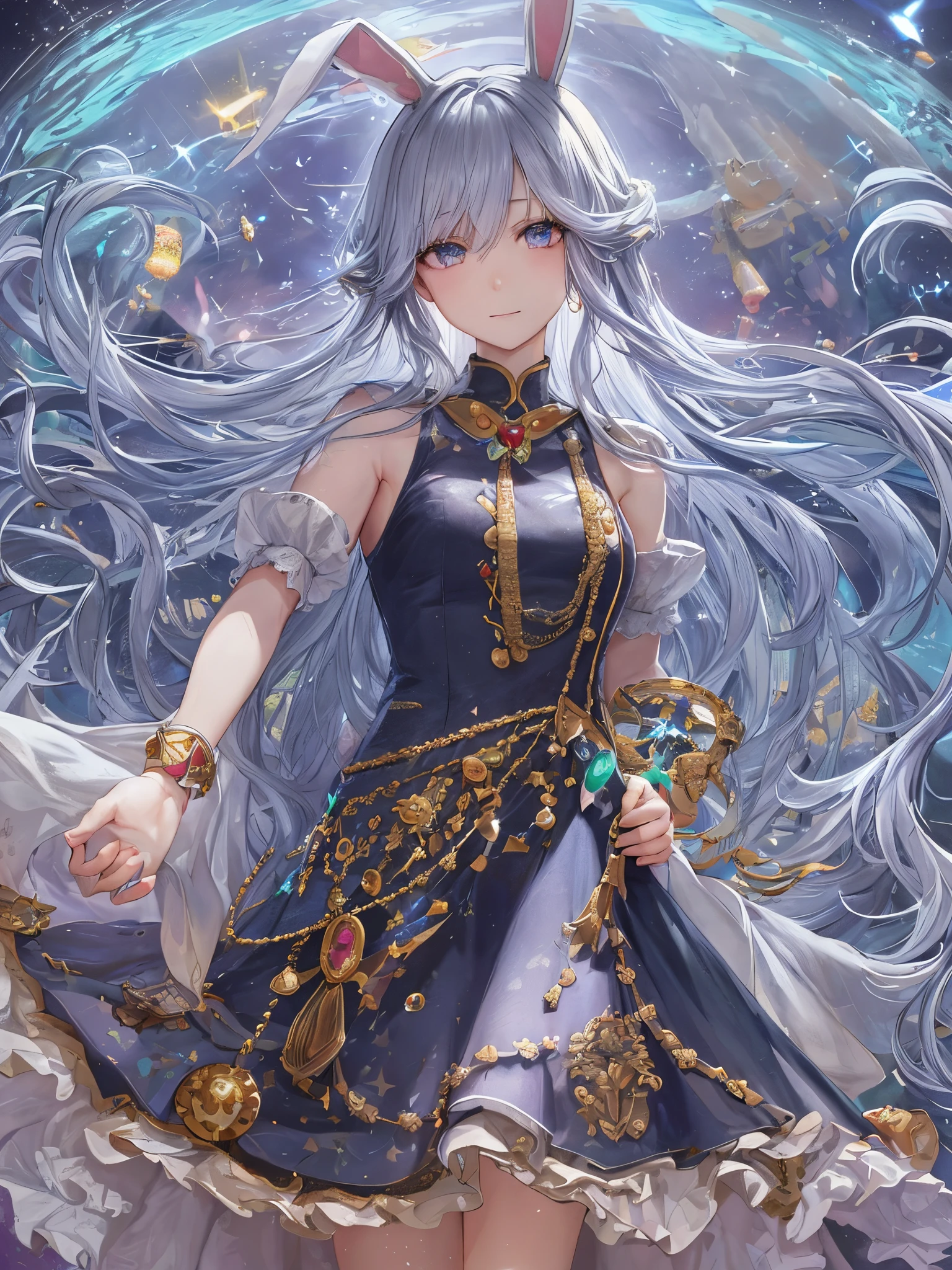 （（Gorgeous starry sky background），（（ultra - detailed）），（（Best Best Illustration），（（电影lamplight）），{{cute anime face}}，（Best quality），（ultra - detailed），（The best illustrations），（very delicate beautiful}，{album covers}，album，(Best quality,4K,A high resolution),Anime girl with bunny ears, Travel through the universe, Wearing a flowing white magical girl robe，with smile, long flowing white hair, intricate headpiece, Colorful bracelets, this rabbit#39;The ears are so long, fully body photo, cosmic, Interstellar Travel, galaxias, Starcloud, asteroids, vastness, Twinkling stars, A vibrant fantasy world, majestic cosmic background, Widescreen wallpaper，(tmasterpiece), (Best quality at best), (ultra - detailed),(curlies),(lamplight), (Fashion clothing),beautidful eyes, exquisite and beautiful face, floating, (high saturated), (shine), Serafre#39;Works on artstation, thick acrylic, Illustration on Pixiv, Portrait of waist up, Best quality at best , ultra - detailed, sad, Skillful, Nice face, Character styles rendered by Octane,bright，cheerfulness，Interesting，gentlesoftlighting，（bauhause，shape，line engineering，Abstract：1.1）,Best quality at best，cinematic Film still from，