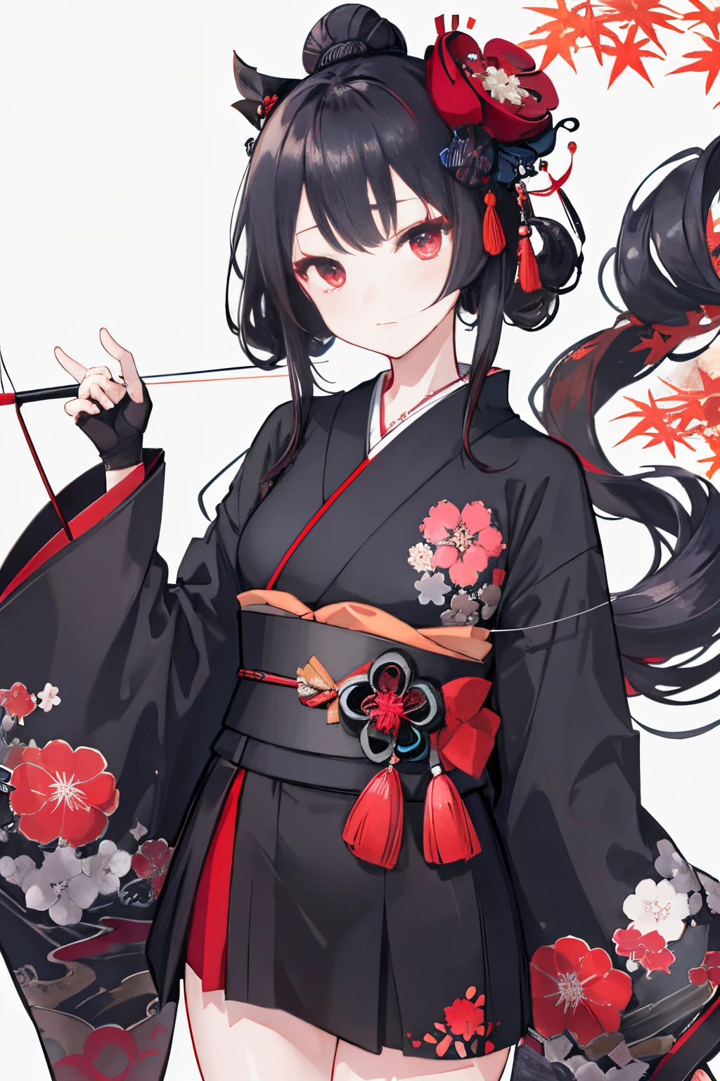 black kimono, hakama skirt, partially fingerless gloves, muneate 1 girl in, solo, archery,bow,Arrow, {{{Ukiyo-e_style}}},{{flat_style}},{simple_colors},{{{masterpiece}}},{katsushika_hokusai},long_hair,hair_flower,{{black_hair}},red_eyes,{chinoiserie},{{{best_quality}}},kimono,{{ultra-detailed}},{illustration},Maple_leaves_flying,{{1girl}},{{{solo}}},{{an_extremely_delicate_and_beautiful}},blank_stare,close_to_viewer,{breeze},{Flying_splashes},{Flying_petals},wind,{Gorgeous and rich graphics}