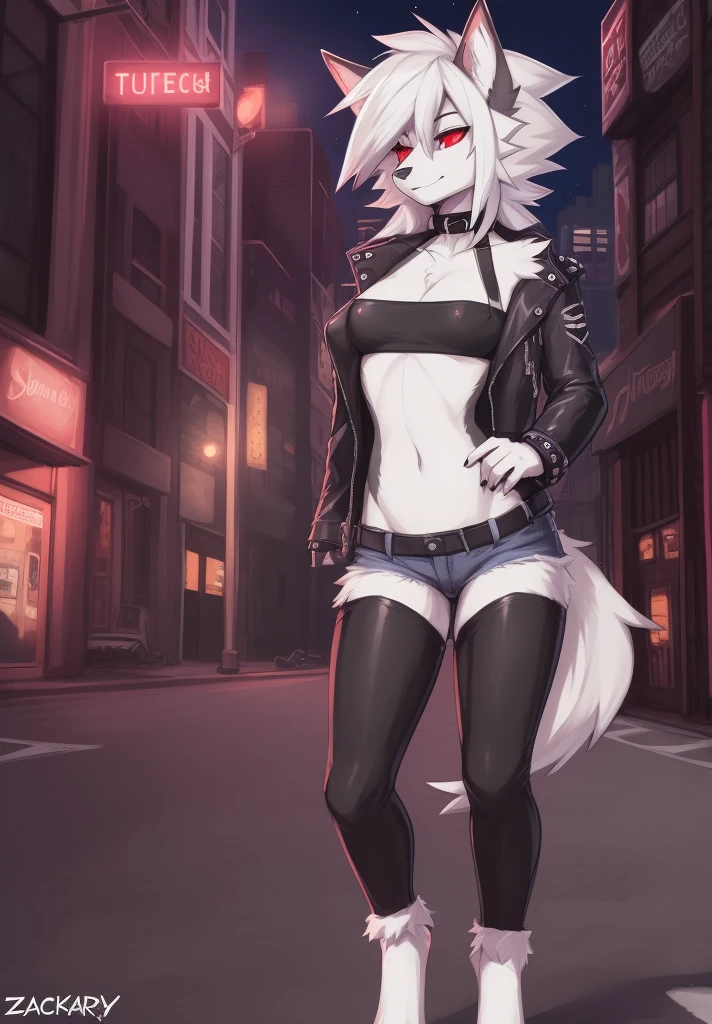 zackary911, by zackary911, anthro, lycanroc, hellhound, ((dark grey fur)), female, solo, 1woman, ((very small breasts)), ((tiny breasts)), denim shortad max style leather jacket)), husky tail, ((shaggy hair)), ((white hair)), on e621, choker, leather collar, detailed body, finely detailed eyes, finely detailed paws, punk style, female focus, ((nipple bump)), ((dark grey belly)), city street scene, red sclera, white pupils, digitigrade legs, full body, panty straps, blue tank top, courier bag on shoulder, (safe for work), clothed