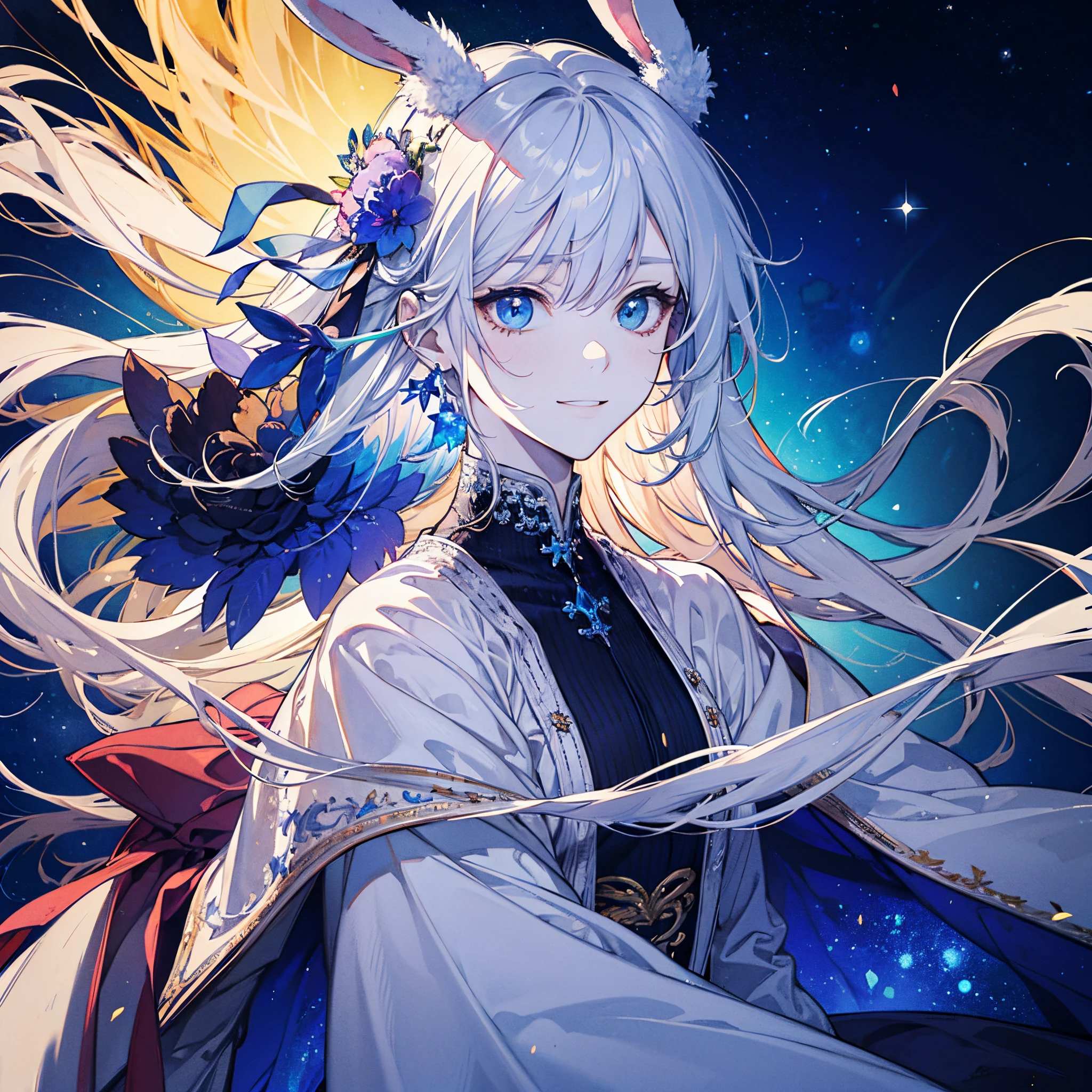 ((Gorgeous starry sky background),((ultra - detailed)),((Best Best Illustration),((电影lamplight)),{{cute anime face}},(Best quality at best),(ultra - detailed),(The best illustrations),(very delicate beautiful},{album covers},album,(Best quality at best,4K,A high resolution),Anime girl with bunny ears, Travel through the universe, Wearing a flowing white magical girl robe,with smile, long flowing white hair, intricate headpiece, colorful bracelet, this rabbit#39;The ears are so long, Full body photo, cosmic, Interstellar Travel, galaxias, Starcloud, asteroids, vastness, Twinkling stars, A vibrant fantasy world, majestic cosmic background, Widescreen wallpaper,(tmasterpiece), (Best quality), (ultra - detailed),(curlies),(lamplight), (Fashion clothing),beautidful eyes, exquisite and beautiful face, floating, (high saturated), (shine), Serafre#39;Works on artstation, thick acrylic, Illustration on Pixiv, Portrait of waist up, Best quality , ultra - detailed, sad, skilled, Nice face, Character styles rendered by Octane,bright,cheerful,Interesting,gentlesoftlighting,(bauhause,shape,line engineering,Abstract:1.1),Best quality,cinematic Film still from,