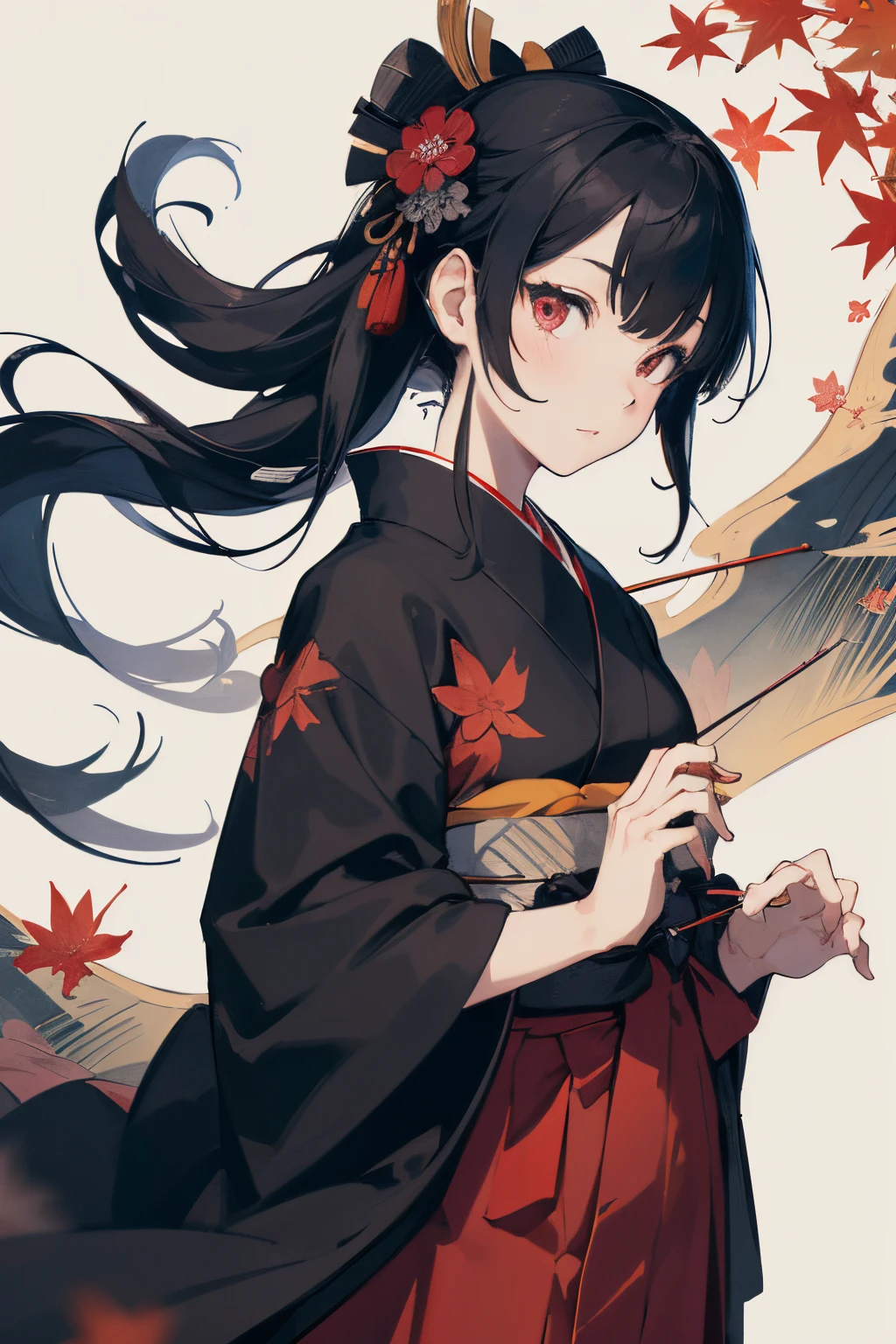 black kimono, hakama skirt, partially fingerless gloves, muneate 1 girl in, solo, archery,bow,Arrow, {{{Ukiyo-e_style}}},{{flat_style}},{simple_colors},{{{masterpiece}}},{katsushika_hokusai},long_hair,hair_flower,{{black_hair}},red_eyes,{chinoiserie},{{{best_quality}}},kimono,{{ultra-detailed}},{illustration},Maple_leaves_flying,{{1girl}},{{{solo}}},{{an_extremely_delicate_and_beautiful}},blank_stare,close_to_viewer,{breeze},{Flying_splashes},{Flying_petals},wind,{Gorgeous and rich graphics}