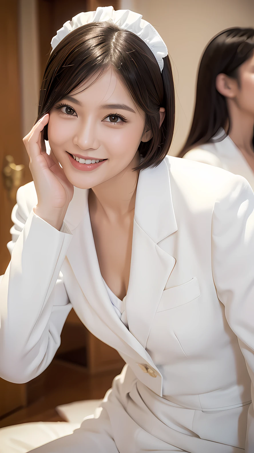 A woman in a maid outfit posing with her finger in her mouth, smiling person in the background々, 1girl in, Realistic, Finger to mouth, straight hair and short hair,Female anchor,White suit,ssmile