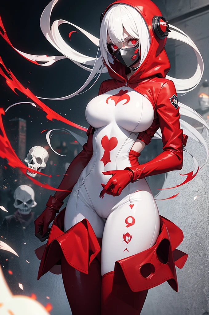 Zombie Poker card girl, Full white skin, White bodysuit, red heart on her breast, long red gloves, long red boots, Long red hair, Black hollow eyes, Red hood over head, Skull mask over face.