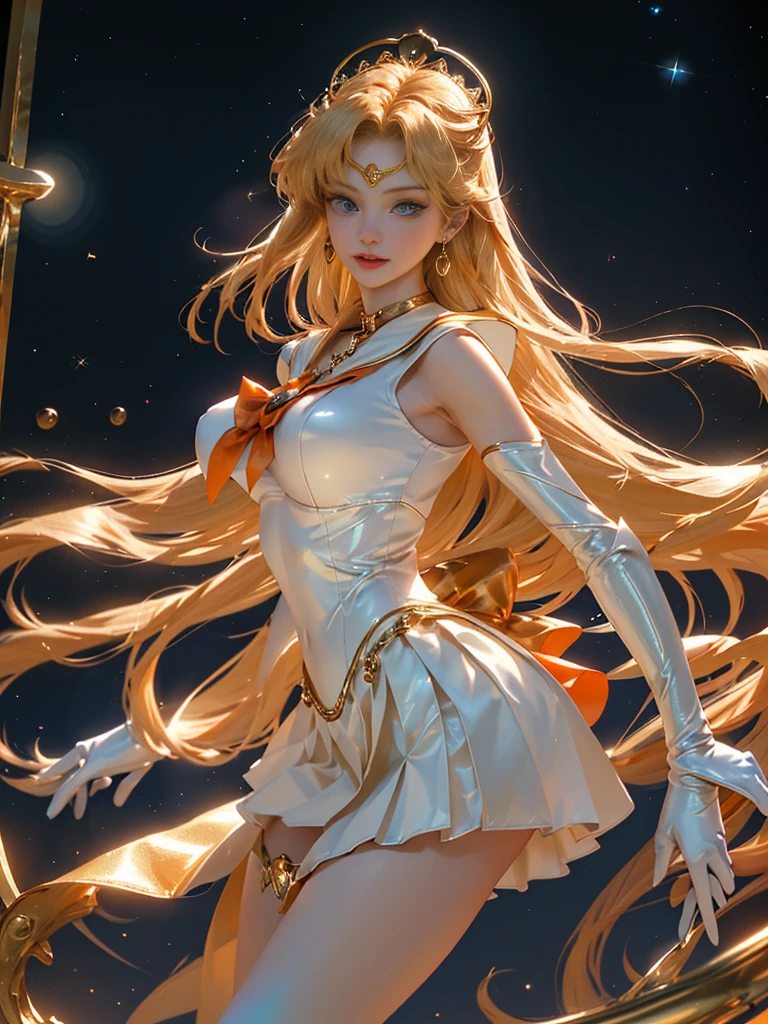 full: 1.3, standing on your feet, tmasterpiece, 3D, actual, ultramicrograph, quality, Super detailed CG unity 8K wallpaper, from below, Complicated details, (1人の女性), 20yr old, ((There  a very large dark blue bow in the center: 1.7, Gold headdress on the forehead: 1.7, Shiny deep orange sexy pleated mini skirt: 1.3, Wear dark orange gloves on your elbows: 1.1, Dark orange saturated wide collar, Saturated dark orange crew neck, There  a very big red bow on the back of the head: 1.1)), Incredibly long straight very bright blonde hair: 1.2, Shiny beautiful long golden straight hair: 1.2, sailorvenus, Minako Aino, (Obviously a Sailor Soldier, upper arm: 1.1, Shiny dark orange enamel knee-high boots，Comes with luxurious gold accents: 1.3, Long white latex gloves，Decorated with luxurious gold accents: 1.3, There  a big bow on the back of the waist: 1.1, Orange collar, Look sexy and bold, Orange heart-shaped earrings)), (SV1, sailor suit warrior, orangeskirt, gloves on the elbow, tiara crown, Orange sailor collar, red bowtie, Orange collar, whitegloves, jewely)、
((lusty  smile, very pretty look face, Face details: 1.5, Bright blue eyes, pretty  face, pretty eyes, shinning eyes, Thin lips: 1.3, Thin, pointed pale eyebrows, long, black eyelashes, Double lashes)), luxury gold jewelry, (Very thin and form-fitting high-gloss white holographic leather: 1.3), Bold and sexy slender high-leg gravel swimsuit, (Combat posture), Huge white wings, Thin and well-muscled muscles, Muscular abs, petty face, humongous large breast, proporções perfeitas, big breasts thin waist, sexy model pose, Visible Pore, Perfect hands: 1.5, octaneratingrendering, very dramatic image, Intense natural light, rays of sunshine, Delicate lighting and shadows, dynamic angle, SLR harp, focal point: 1.0, maximum definition and sharpness(golden divinity, Heartstorm space background, Dynamic gold chain background, Golden Man: 1.2, coiffed blonde hair, venus, rays of moonlight, themoon, Dynamic background, Background of details))