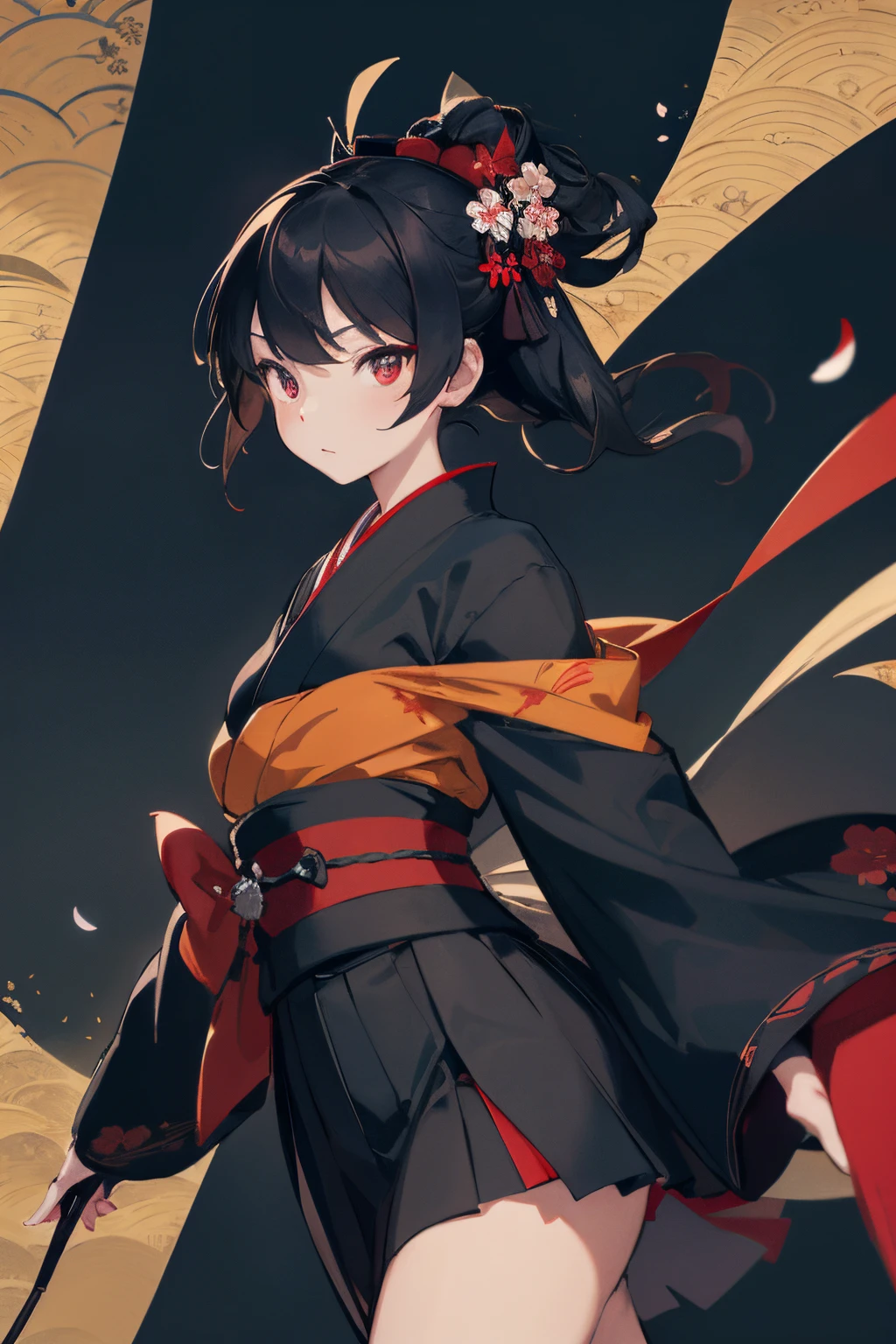 black kimono, hakama skirt, partially fingerless gloves, muneate 1 girl in, solo, archery,bow,Arrow, {{{Ukiyo-e_style}}},{{flat_style}},{simple_colors},{{{masterpiece}}},{katsushika_hokusai},long_hair,hair_flower,{{black_hair}},red_eyes,{chinoiserie},{{{best_quality}}},kimono,{{ultra-detailed}},{illustration},Maple_leaves_flying,{{1girl}},{{{solo}}},{{an_extremely_delicate_and_beautiful}},blank_stare,close_to_viewer,{breeze},{Flying_splashes},{Flying_petals},wind,{Gorgeous and rich graphics}