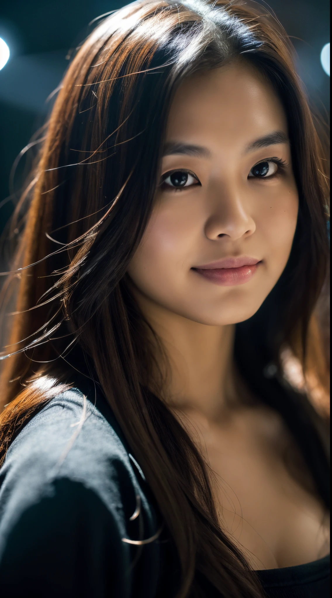 highest quality, epic realistic, ((in the pitch black darkness :1.4)), ((portrait:1.5)),(background: dark ) high contrast ,glorious picture, lowest lux, lighting face, she's comfortable, wearing nothing, , looks incredible, (8k, Raw photo, Highest quality),(epic realistic:1.5), a woman, face,(detailed eyes:0.8),(looking at the camera:1.4), (Highest quality), ( high contrast, deep shadows),Intricate details,cinematic,((skin:1.4)), (long dark hair:1.3), long hair, messy ,(Hdr:1.5),Detailed, colors, Superior quality, Masterpiece, Raw Photo (20-year-old, looking at viewer), beautiful, (wearing plain yellow shirt,), perfect, natural, perfect composition, portrait, perfect face, smiling expression, Captivating eyes, Bright details, Tight lips, (High Skin Detail),, (blue tint: 0.6), (sale: 0.8), (bloody: 0.7), Key lighting , (backlight: 0.5), Medium depth of field, Canon 5d, 50mm lens, f/4 apertures, (Ultra-detailed, Complex detail), sharp focus, soft colors, 8k, Absurd, 80mm, bokeh background, photography, smiling, pinay, filipina, large boobs, neon lights background, bokeh