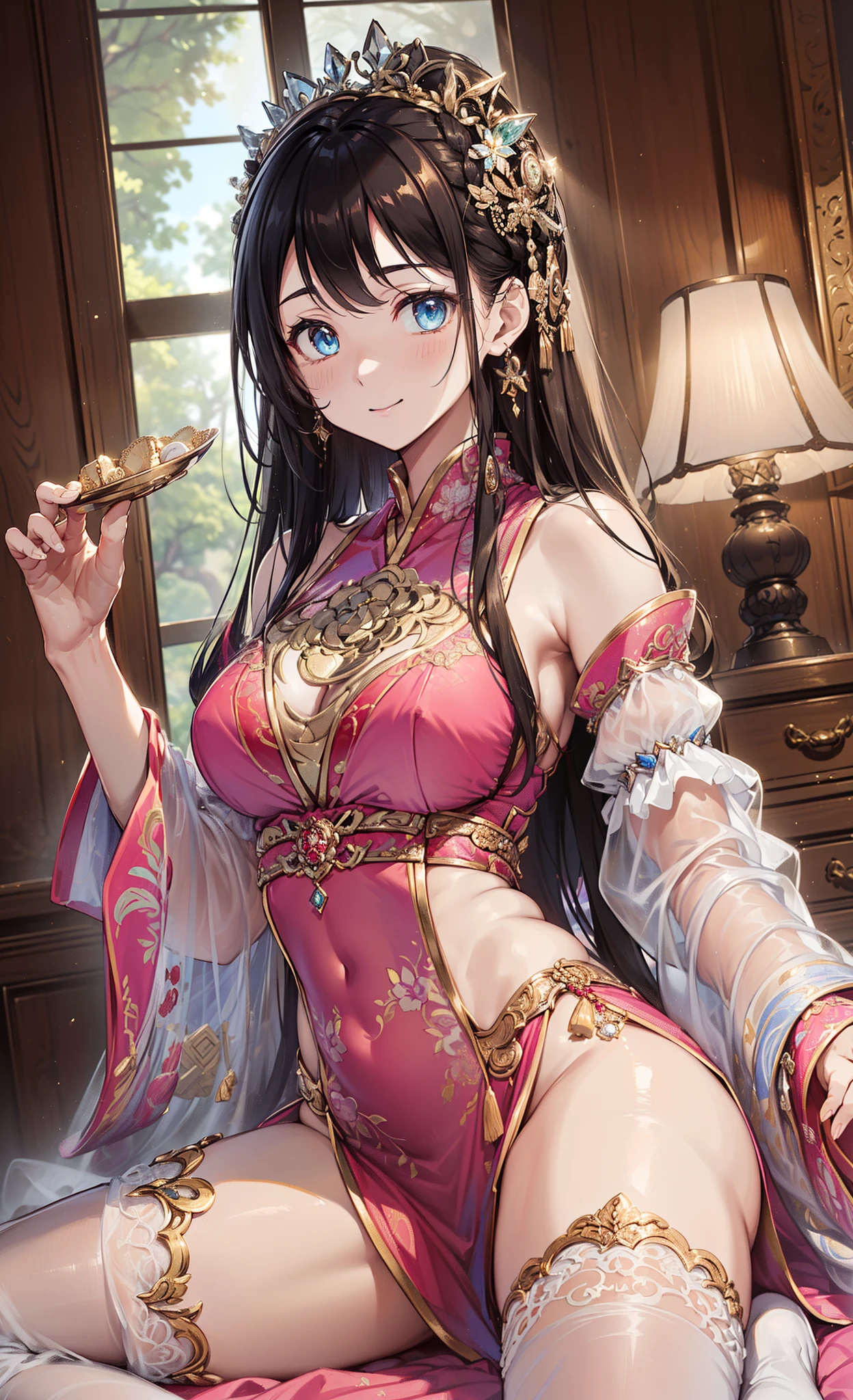 quality、image quality、tmasterpiece、girl vs.....((20yr old、large bust、obsessed、having fun、lacivious pose、charming body、Grand canyon、Exquisite palace Hanfu outfits, Intricate and detailed clothing and hair，Very long hair，Exquisite headdress, bshoulders, Wide sleeves, longer sleeves，see-through transparent clothes，Underwear visible)），high high quality、beautiful art、Background with(Luxury hotel bedroom，nattisual art、depth of fields、diamond-encrusted clothes 3/4 body image、Emphasize the posture of the hips、Lace、Pale red eyequisite and beautiful eyes