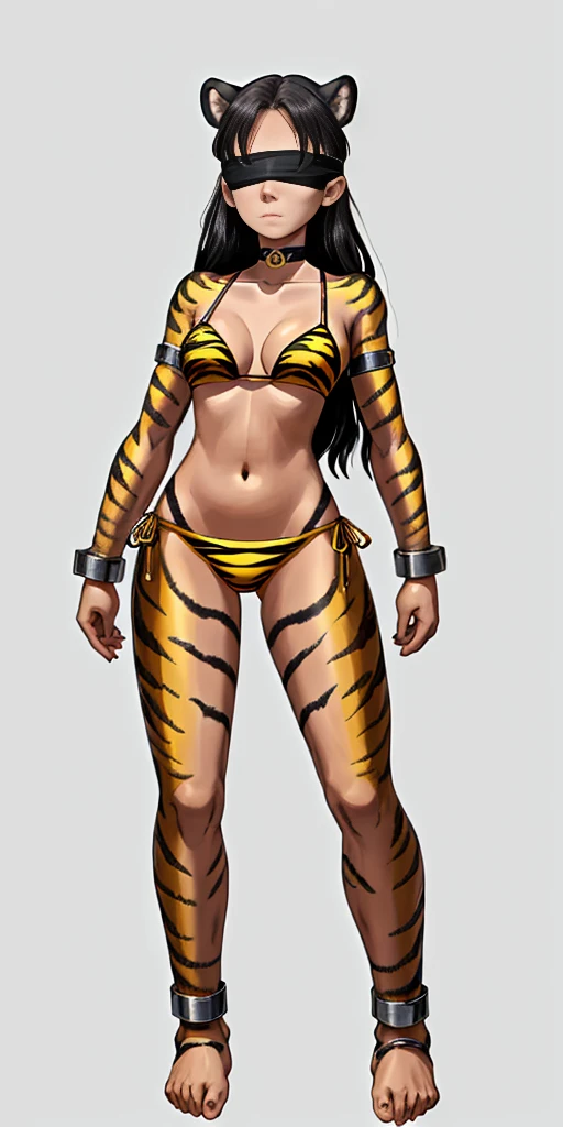 standing straight symmetrical, full body ON WHITE BACKGROUND barefeet, looking to the camera, front view side, BLACK BLINDFOLDED, black choker on neck, ((slave human female)), shackles on legs and arms, yellow tiger bikini, NOT human ears