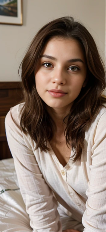 Gere uma imagem realista de uma jovem exploradora digital Ela tem 25 anos, tem olhos castanhos expressivos e cabelos pretos com brilho natural ate a altura do ombro. Its appearance vibrant and authentic, reflecting a mix of curiosity and elegance. Dress in basic pajamas, she lying in her bed with covers, It's at night with little lighting