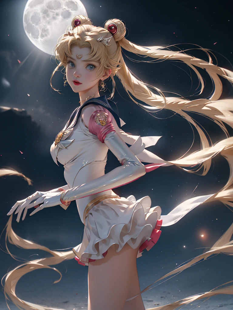 tmasterpiece, full: 1.3, standing on your feet, 8K, 3D, actual, Ultra-micro shooting, quality, Extreme Detail CG Unity 8K Wallpapers, from below, Complicated details, (1 female), 18yr old, (Sailor Moon supersailor moon mer1, tiara crown, Sailor Soldier Sailor Suit: 1.2, the sailor moon: 1.2), Incredibly long bright blonde ponytails, Thin and long straight twin ponytail blond hair, hair-bun, Red round hair accessories in bun, sailor suit warrior, (Blue collar, Blue sailor collar, Blue pre-gate miniskirt: 1.3, There  a big red bow on the ?????: 1.3, Long white latex gloves: 1.3, Elbow colored gloves, There  a big red bow on the back of the waist: 1.1, Looks big, golden headdress, Earring details: 1.5, Bright blue eyes, pretty  face, pretty eyes, shinning eyes, Thin lips: 1.5, Thin, pointed pale eyebrows, long, black eyelashes, Double lashes), luxury gold jewelry, thin, Lean and muscular, petty face, , proporções perfeitas, ??????????? thin waist, ???? model pose, Visible Pore, lusty  smile, Perfect hands: 1.5, high-leg swimsuit, Very thin and form-fitting high-gloss white holographic leather, octaneratingrendering, Very dramatic image, Intense natural light, rays of sunshine, exquisite lighting and shadows, dynamic angle, SLR camera, Focus sharp: 1.0, maximum definition and sharpness, (space backdrop, rays of moonlight, themoon, Dynamic background, detailedbackground)