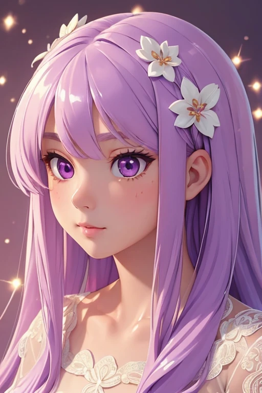 (masterpiece, bestquality:1.4)bestquality, high-detail, (detailed face), It is detailed and beautiful., aesthetic, thorough, delicate, intricate:1.0),1 girl, kawaii, Very long, light purple hair., soft ((glossy eyes)), sparks, floral, natural,