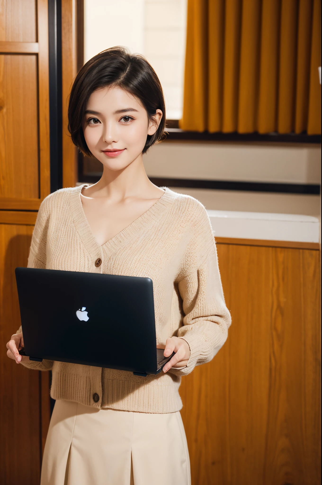 Gentle and cute girl，Short hair details，Autumn clothing，Dignified and generous，ssmile，Exquisite hands，laptop，face to the viewer，Stood up，Photographic works，high high quality，