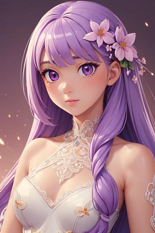 (masterpiece, bestquality:1.4)bestquality, high-detail, (detailed face), It is detailed and beautiful.., aesthetic, thorough, delicate, intricate:1.0),1 girl, kawaii, Very long., light purple hair., soft ((glossy eyes)), sparks, floral, natural, Nude