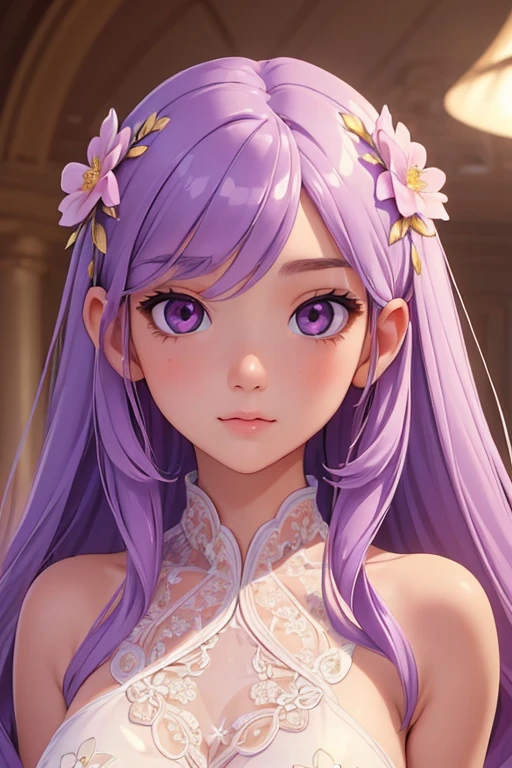 (masterpiece, bestquality:1.4)bestquality, high-detail, (detailed face), It is detailed and beautiful.., aesthetic, thorough, delicate, intricate:1.0),1 girl, kawaii, Very long., light purple hair., soft ((glossy eyes)), sparks, floral, natural, Nude
