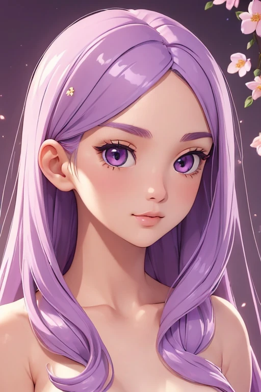 (masterpiece, bestquality:1.4)bestquality, high-detail, (detailed face), It is detailed and beautiful., aesthetic, thorough, delicate, intricate:1.0),1 girl, kawaii, Very long, light purple hair., soft ((glossy eyes)), sparks, floral, natural, nude