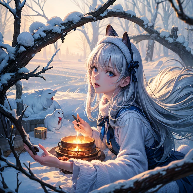(tmasterpiece, Best quality, ultra - detailed, realistically, Extremely Delicately Beautiful),
Winter wonderland, Alice in Wonderland, In winter