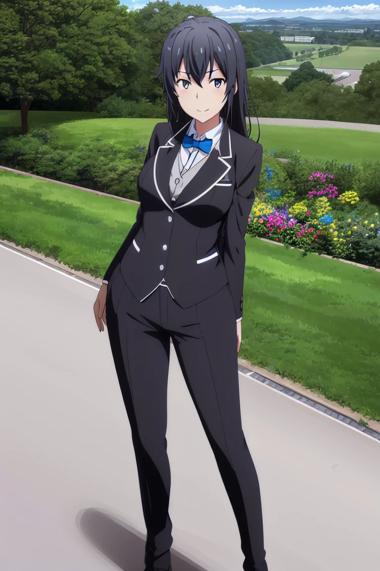 (best quality,highres,ultra-detailed), a single girl, Yukino Yukinoshita, wearing a tuxedo suit, a high-collared shirt, a tailcoat suit, a blue bow tie, smiling, full body, with large breasts, white jeans, looking at the scenery, garden background