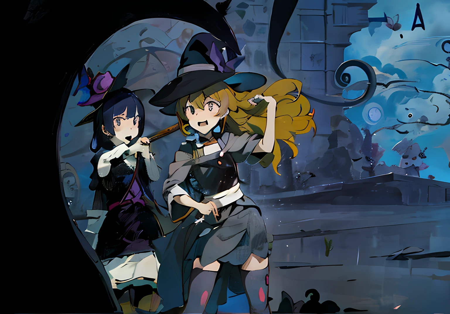 anime characters dressed in costumes and holding umbrellas in front of a full moon, hanayamata, happy!!!, kirisame marisa, witch academia, scarry but bewitching, anime”, anime style”, medium shot of two characters, zerochan, from the black mage cemetery!!!, loli, lolish, sao, zerochan art, marisa kirisame