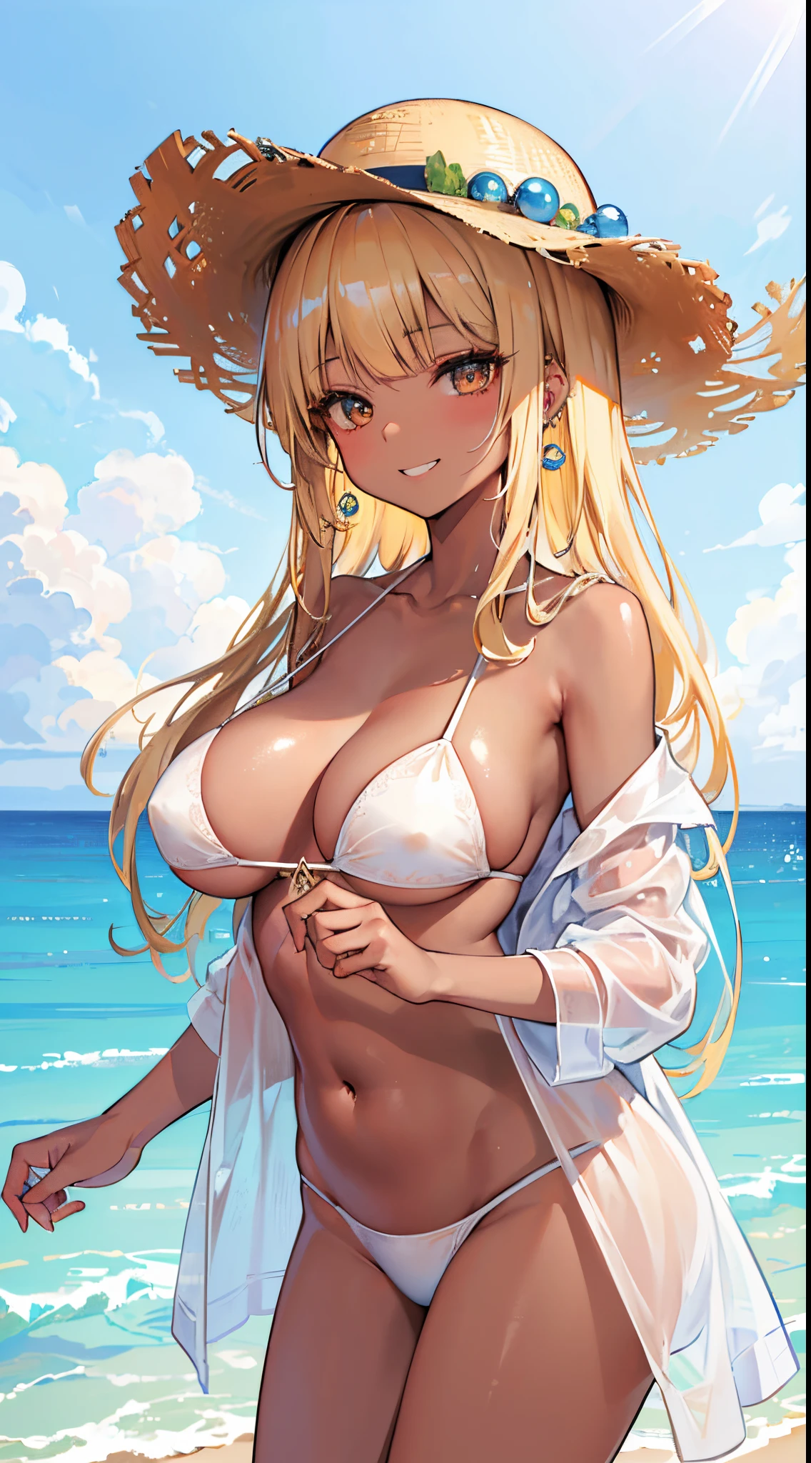 (8K、Top image quality、top-quality、​masterpiece)、A detailed face、1 girl in、Blonde longhair、blunt bangs、Golden eyes、piercings、((Brown skin))、((skin tanned))、Grinning、very Bigger breasts、White bikini、a straw fedora hat、cowboy  shot、blue open sky、seaside backgroud