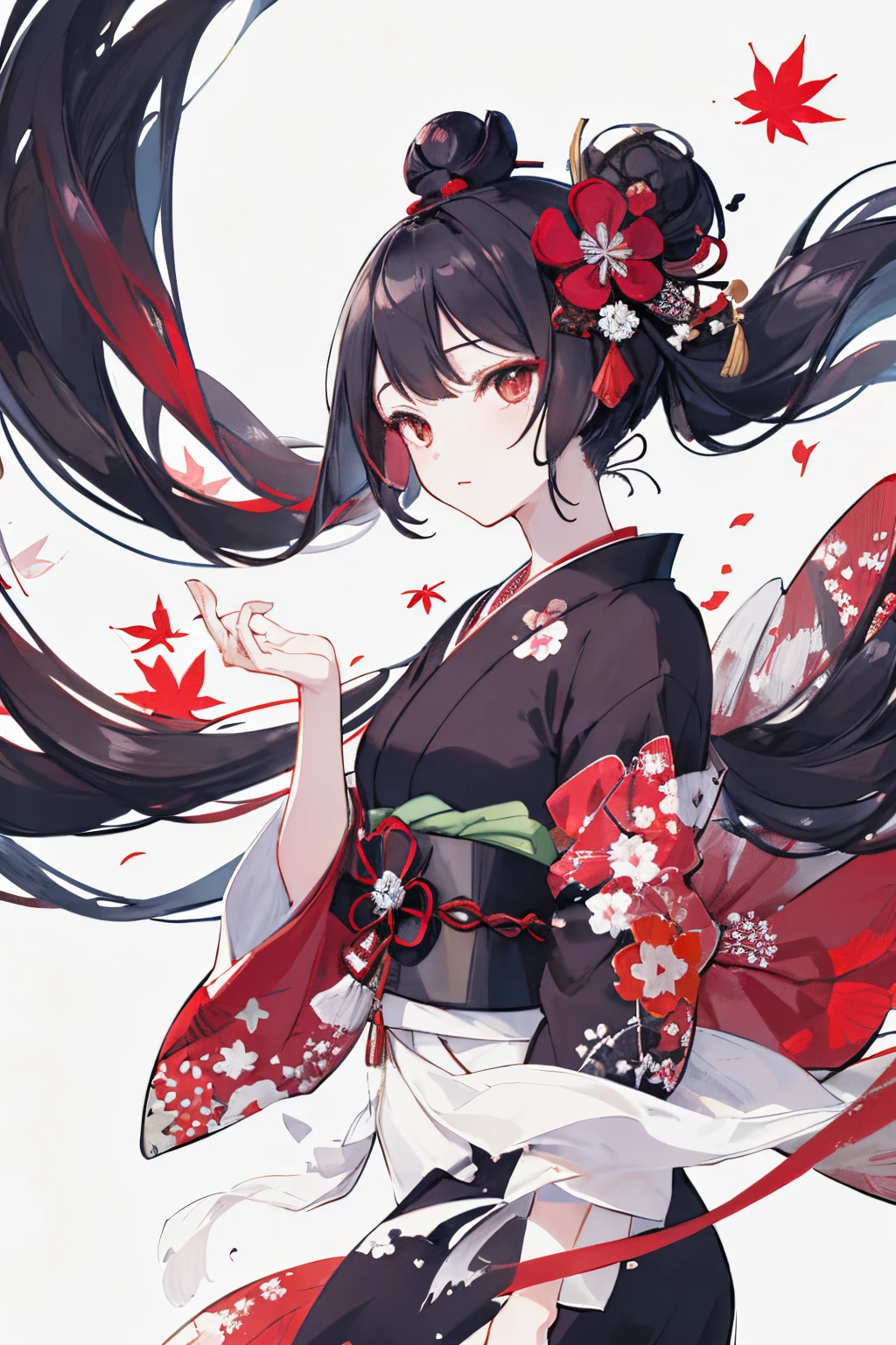 {{{Ukiyo-e_style}}},{{flat_style}},{simple_colors},{{{masterpiece}}},{katsushika_hokusai},long_hair,hair_flower,{{black_hair}},red_eyes,red_sky,{chinoiserie},{{{best_quality}}},kimono,{{ultra-detailed}},{illustration},Maple_leaves_flying,{{1girl}},{{{solo}}},{{an_extremely_delicate_and_beautiful}},blank_stare,close_to_viewer,{breeze},{Flying_splashes},{Flying_petals},wind,{Gorgeous and rich graphics}