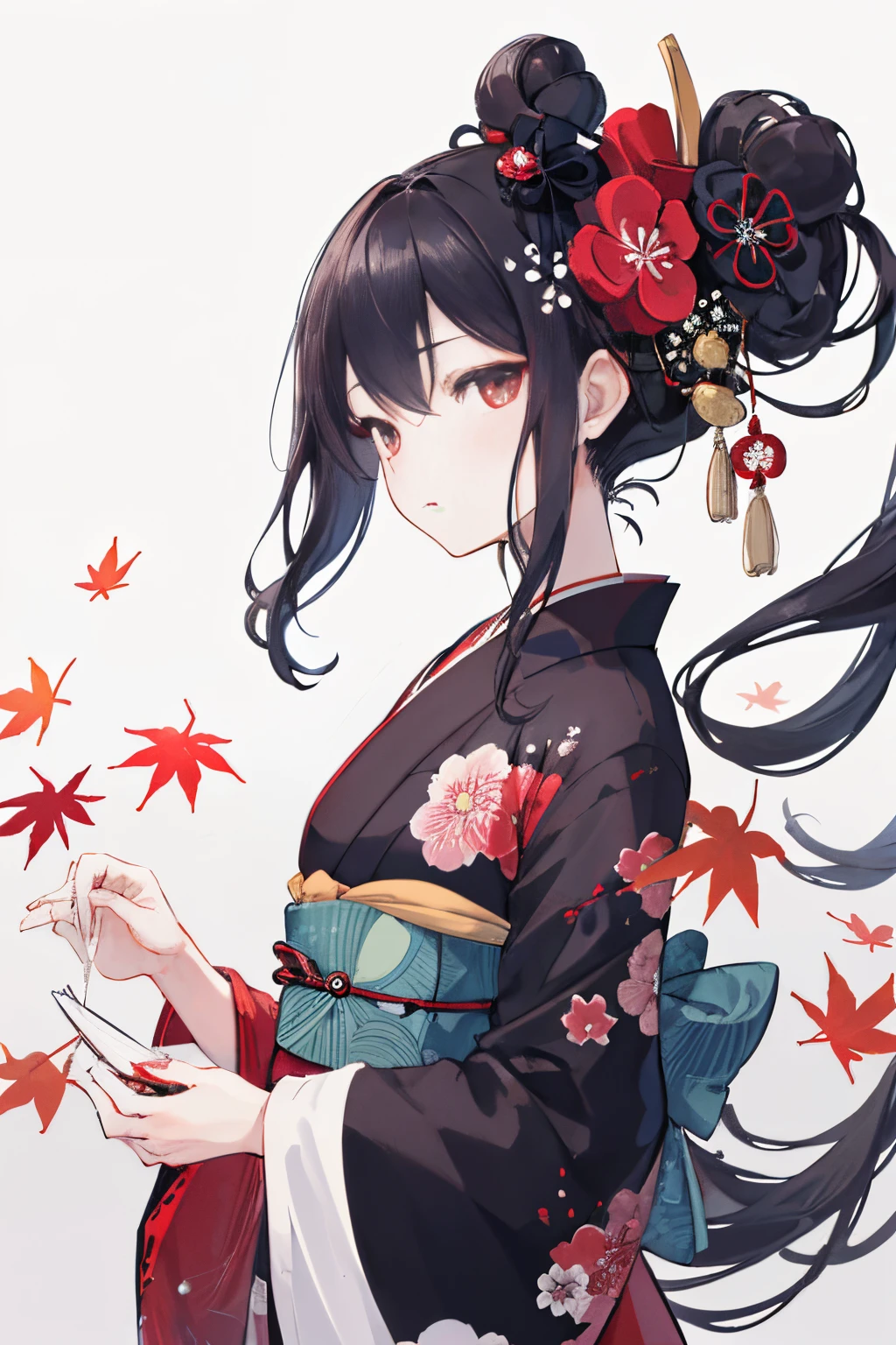 {{{Ukiyo-e_style}}},{{flat_style}},{simple_colors},{{{masterpiece}}},{katsushika_hokusai},long_hair,hair_flower,{{black_hair}},red_eyes,red_sky,{chinoiserie},{{{best_quality}}},kimono,{{ultra-detailed}},{illustration},Maple_leaves_flying,{{1girl}},{{{solo}}},{{an_extremely_delicate_and_beautiful}},blank_stare,close_to_viewer,{breeze},{Flying_splashes},{Flying_petals},wind,{Gorgeous and rich graphics}