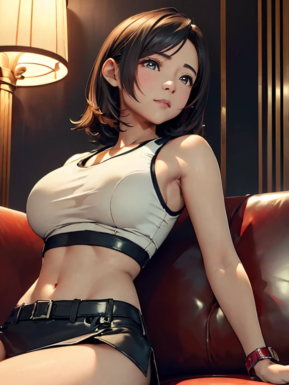 (top-quality, masterpiece, (Ultra high definition,4K), (超A high resolution:1.3, in 8K),masutepiece:1.2), (Angle from below), (Perfect Anatomy,Anatomically accurate), (Soft lighting, 光线追踪), (((Sitting on a sofa in the lobby of a luxury hotel, Sexy open legs))), ((Atifa_Lockhart like)), (energetic and healthy girl), (Photorealsitic), ((Bright lighting)), (Sportsbra), (suspenders), ((Leather miniskirt)), Watch viewers, (Detailed red eyes, Crisp double eyelids), (fascinated expression), (large full breasts:1.4), (Textured skin), (Soft skin)