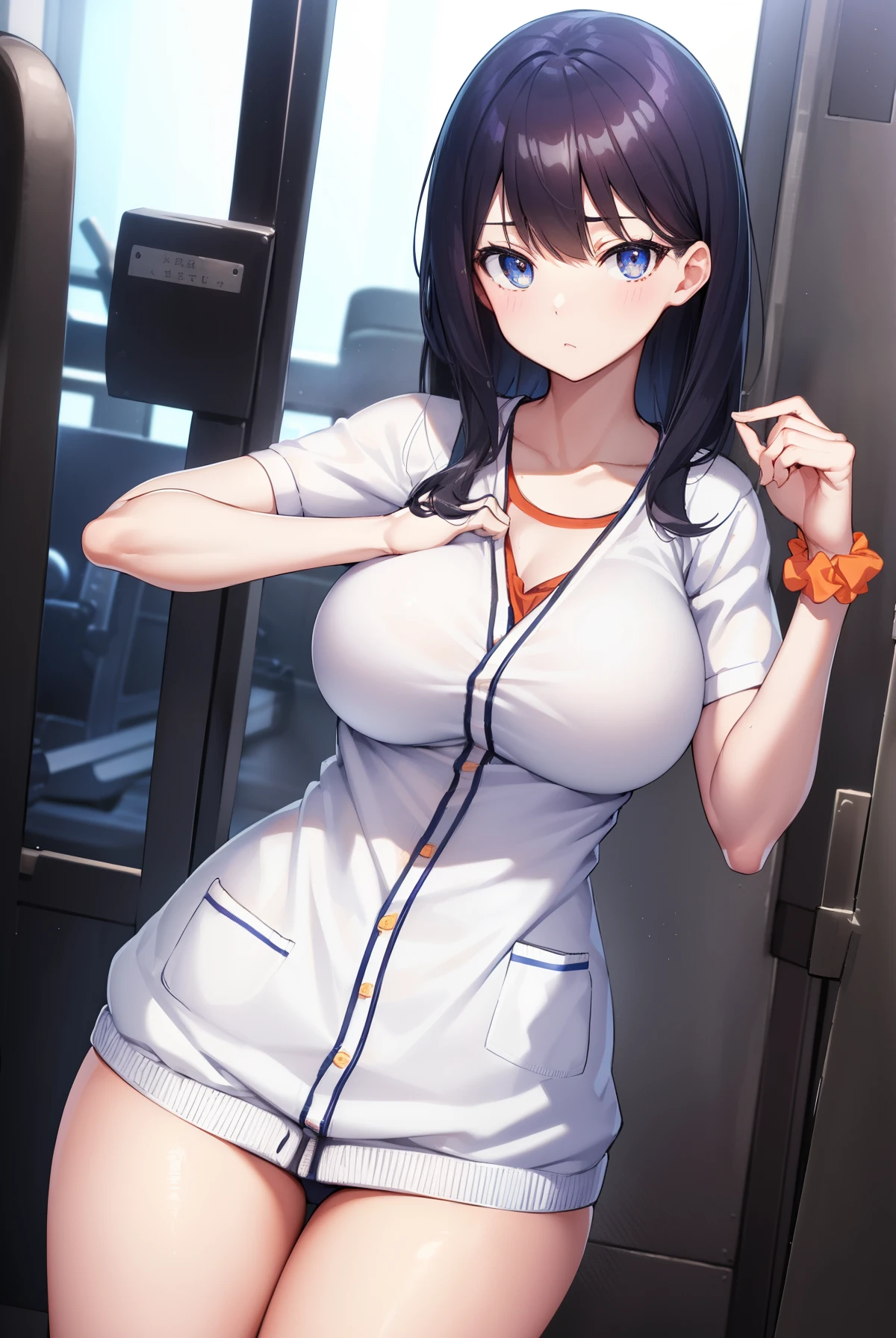 Rikata Karada, rikka takarada, Black hair, Blue eyes, Long hair, orange scrunchie, Scrunchie, wrist scrunchie
, sox, thighs thighs thighs thighs, (White cardigan:1.5), White shirt,
Break indoors, crass room,
BREAK looking at viewer, (Cowboy Shot:1.5),
BREAK (masutepiece:1.2), Best Quality, High resolution, Unity 8k壁纸, (Illustration:0.8), (Beautiful detailed eyes:1.6), extra detailed face, Perfect Lighting, extremely details CG, (Perfect hands, Perfect Anatomy),huge tit,(((((bloomer))))),((((((white shirt)))))),(((((gym clothes)))))