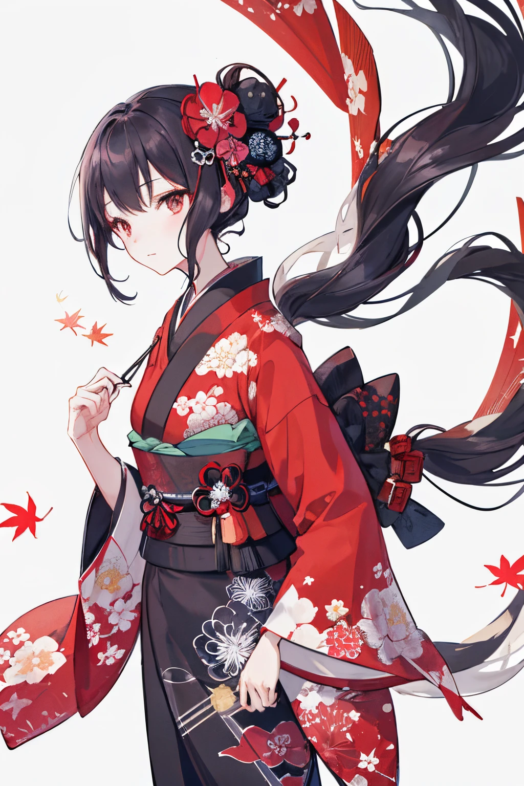 {{{Ukiyo-e_style}}},{{flat_style}},{simple_colors},{{{masterpiece}}},{katsushika_hokusai},long_hair,hair_flower,{{black_hair}},red_eyes,red_sky,{chinoiserie},{{{best_quality}}},kimono,{{ultra-detailed}},{illustration},Maple_leaves_flying,{{1girl}},{{{solo}}},{{an_extremely_delicate_and_beautiful}},blank_stare,close_to_viewer,{breeze},{Flying_splashes},{Flying_petals},wind,{Gorgeous and rich graphics}