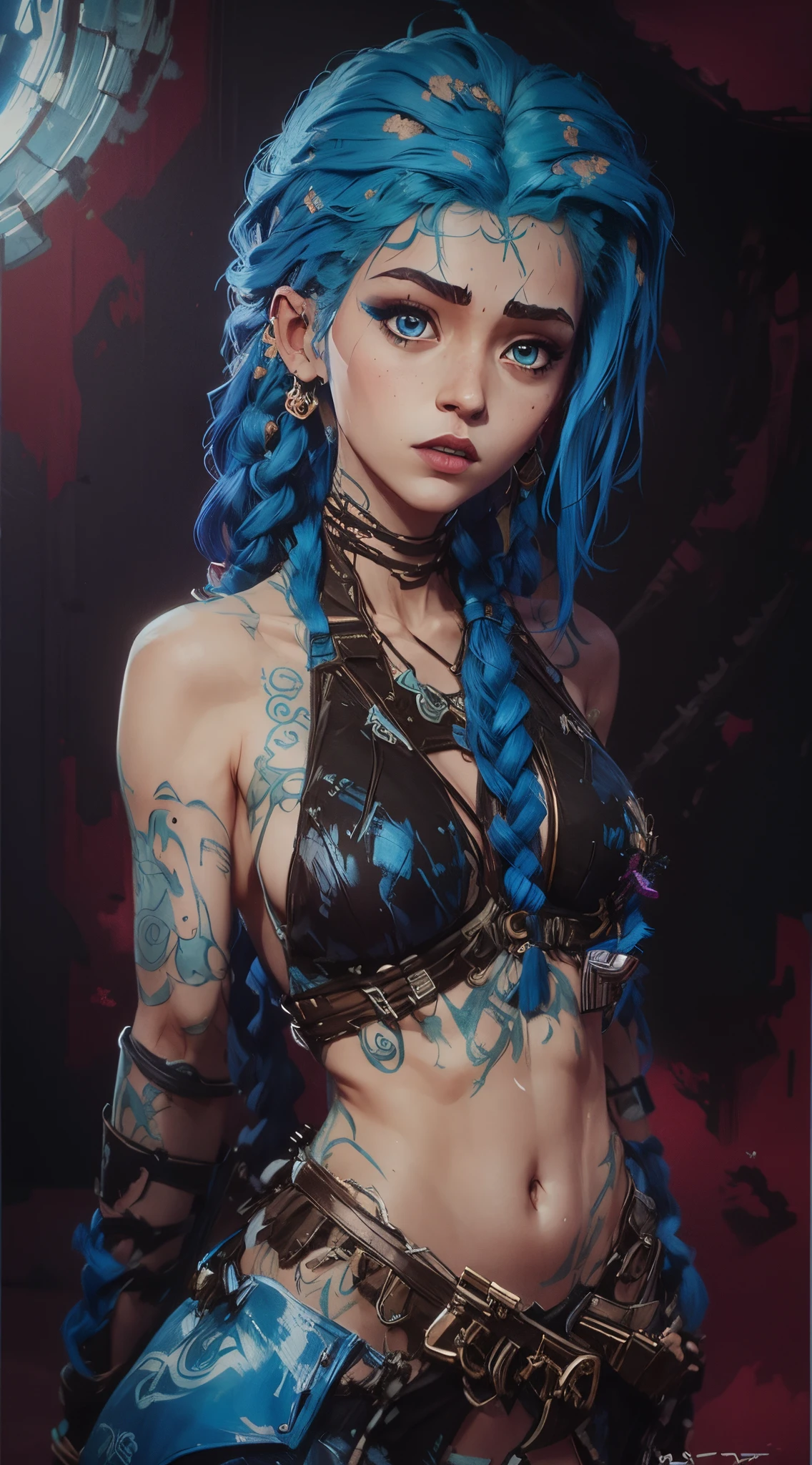 Estilo arcano, 1girl, cloud tattoo on the arm, asymmetrical bangs, franja, cabelo azul, blue braids, camisa marrom, tatuagem de nuvem, lateralmente, cabelo azul, cabelo longo, olhos cor de rosa, red-lips, standingn , tatuagem de nuvem, twin braids. azarar de arcano. azarar. azarar, arcano(Liga das Lendas\)