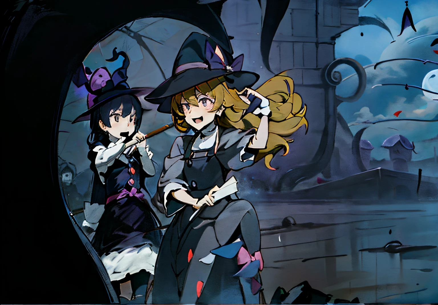 anime characters dressed in costumes and holding umbrellas in front of a full moon, hanayamata, happy!!!, kirisame marisa, witch academia, scarry but bewitching, anime”, anime style”, medium shot of two characters, zerochan, from the black mage cemetery!!!, loli, lolish, sao, zerochan art, marisa kirisame