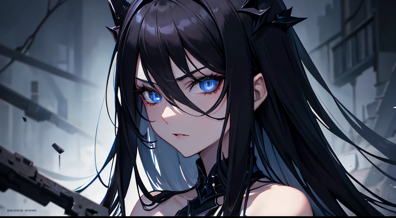 Yandere girl, both hands on face, black long hair with teal highlights, goggles on head, wolf ears, psycho, black choker, fingerless gloves