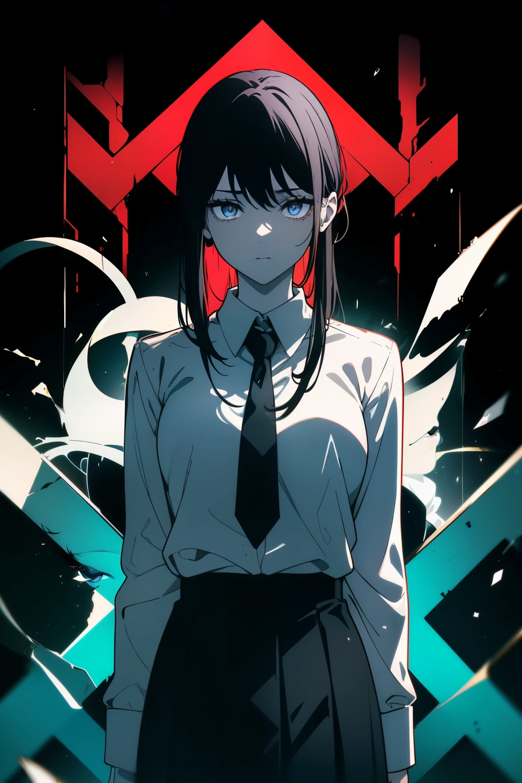 (Obra maestra, La mejor calidad, ultrahigh resolution), 1girl, standing, (school uniform, white office shirt, black pleated skirt), ((light brown hair:0.7)), long hair cut, pale skin, ((blue eyes)), glowing_eyes, neon eyes, (ultra detailed eyes, beautiful and detailed face, detailed eyes), ((centered)), smile, ((wide shot)), facing viewer, eye level, (black background), flat chested, looking at viewer, ((half closed eyes)), ((perfect hands)), (((head, arms, hips, elbows, in view))), ((hands behind back)), empty eyes, beautiful lighting, outside, outdoors, shooting star:0.7, background, defined subject, massive moon, 25 years old, ((((dramatic))), (((gritty))), (((intense))) film poster featuring a young woman as the central character. The background dark and gritty, with a sense of danger and intensity. The text bold and attention-grabbing, with a catchy tagline that adds to the overall feeling of drama and excitement. The color palette mainly dark with splashes of vibrant colors, giving the poster a dynamic and visually striking appearance, tachi-e (magazine:1.3), (cover-style:1.3), fashionable, woman, vibrant, outfit, posing, front, colorful, dynamic, background, elements, confident, expression, holding, statement, accessory, majestic, coiled, around, touch, scene, text, cover, bold, attention-grabbing, title, stylish, font, catchy, headline, larger, striking, modern, trendy, focus, fashion,