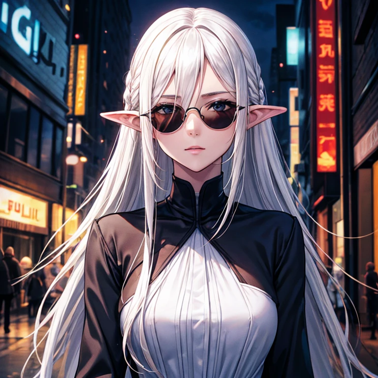 Ultra Quality, Shiny Skin, Atmospheric, 8K, Cinematic, ((Street background)), BREAK, ((Long White Hair)), narrowed black eyes, long black dress, fingers crossed, Sunglasses