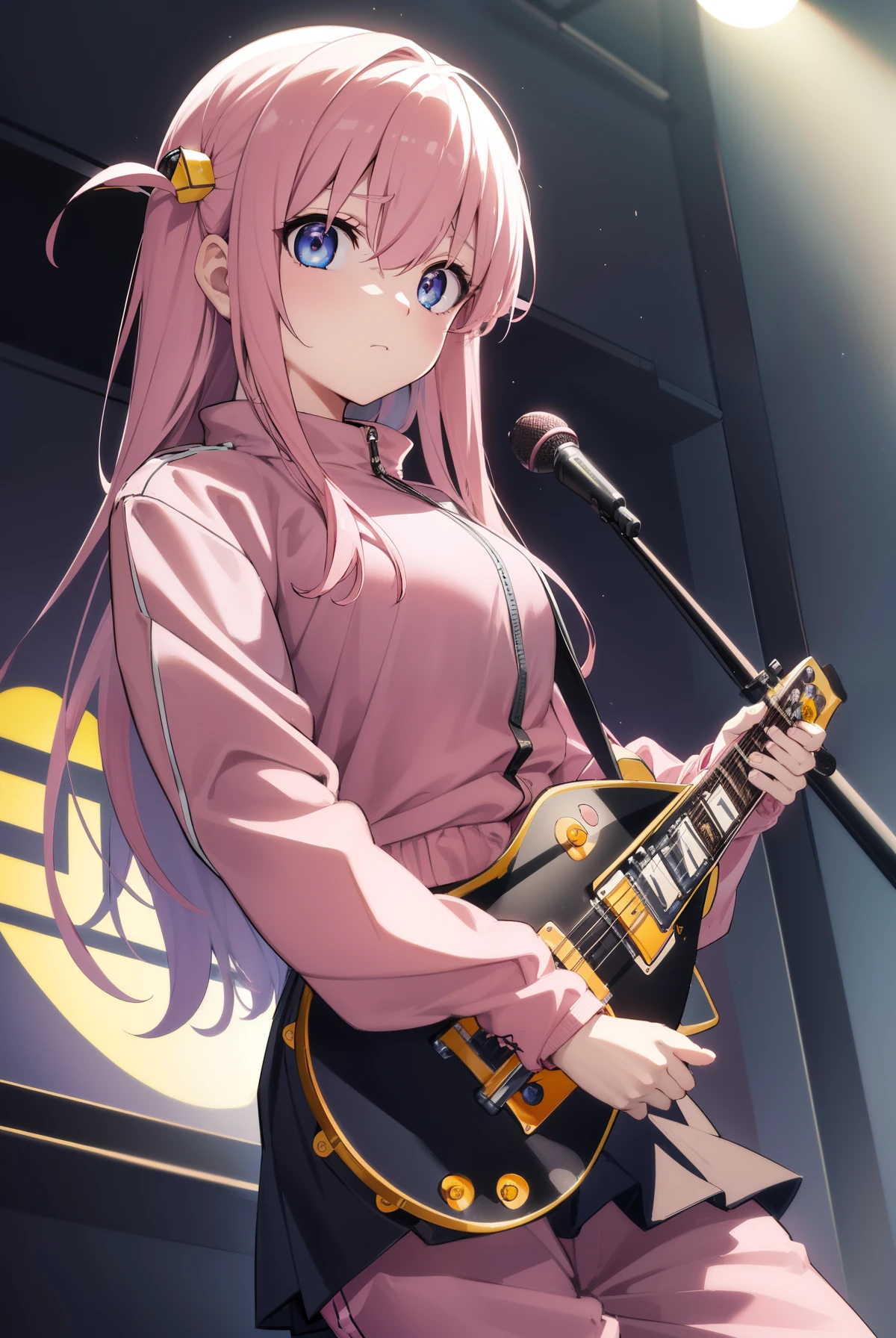 Hitorigotō, Gotoh Hitori, Blue eyes, cube hair ornament, hair between eye, Hair Ornament, Pink hair, One side up, Long hair,
Blake Black Skirt, Jacket, Long sleeves, Pants, Pants under the skirt, (Pink jacket:1.5), Pink pants, Pleated skirt, Skirt, Track jacket, track pants, Joggers,
BREAK looking at viewer,
Break indoors, crass room,
BREAK (masutepiece:1.2), Best Quality, High resolution, Unity 8k壁纸, (Illustration:0.8), (Beautiful detailed eyes:1.6), extra detailed face, Perfect Lighting, extremely details CG, (Perfect hands, Perfect Anatomy),,(huge tit),Have a guitar,les paul guitar,(((((play les paul guitar and sing)))))