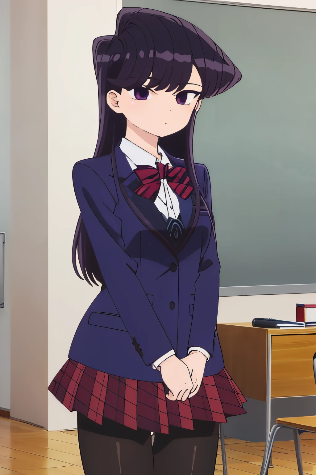 shokokomidef, purple hair, purple eyes, long hair,
absurdres, 1girl, looking at viewer, standing, v arms, pantyhose, classroom, upper body, school uniform, red skirt, red bow, blazer,
masterpiece, best quality,
