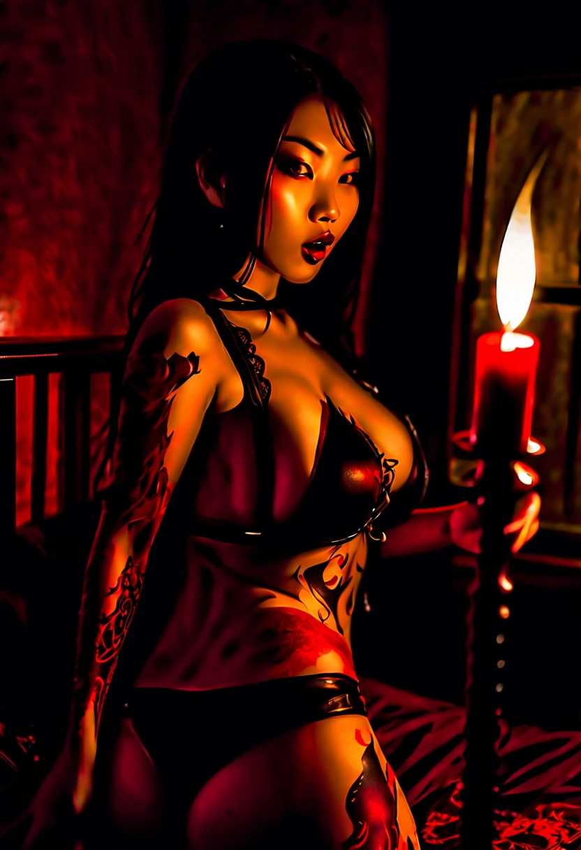 best quality ,magnificent, dark shadowy night, gothic mansion bedroom illuminated by a single candle beautiful gothic Asian vampire woman with yakuza style tattoo all over her body wearing black and red leather   and black fishnet stockings with a red garter she hides in the bed with her backside revealed, backside, angry and showing her long fangs with blood dripping from the corner of her mouth, , 