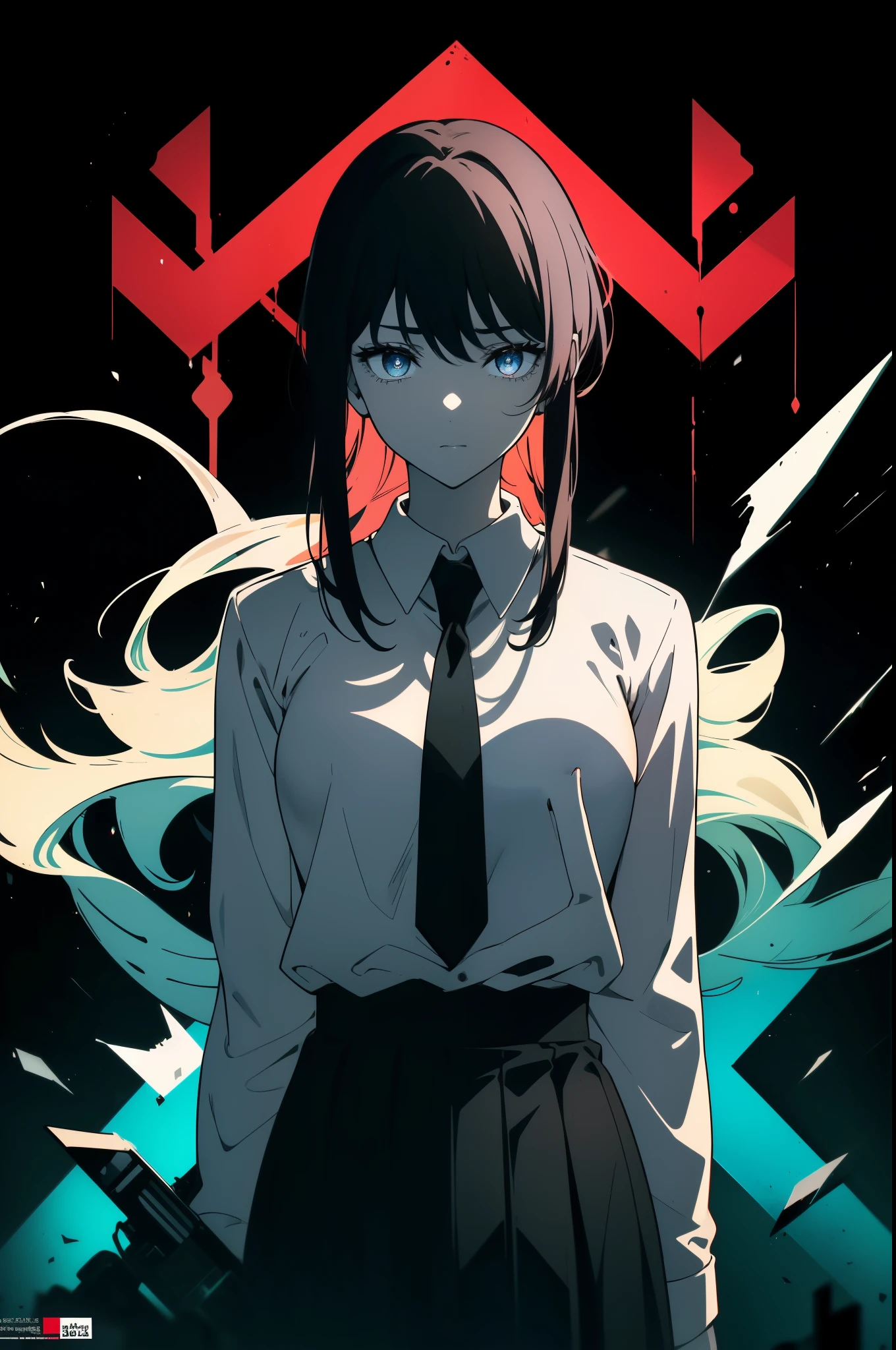 Anime girl with long hair and tie standing in front of a red and black ...