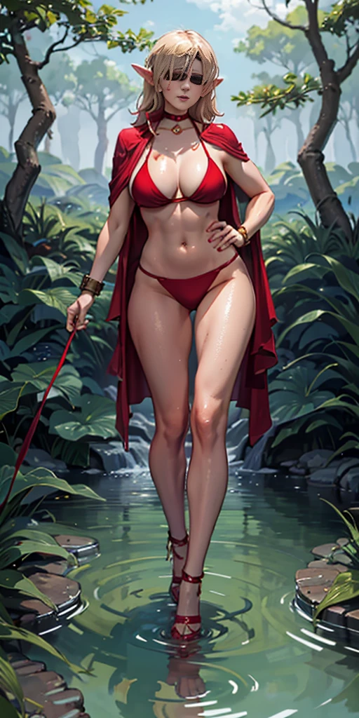 Full body, masterpiece, female drow elf purple skin standing pose, red cape, red bikini, long blonde hair, strong body, high heels, swamp background, water surface, daylight, trees, slave female with choker, blindfolded, shackles on legs and arms