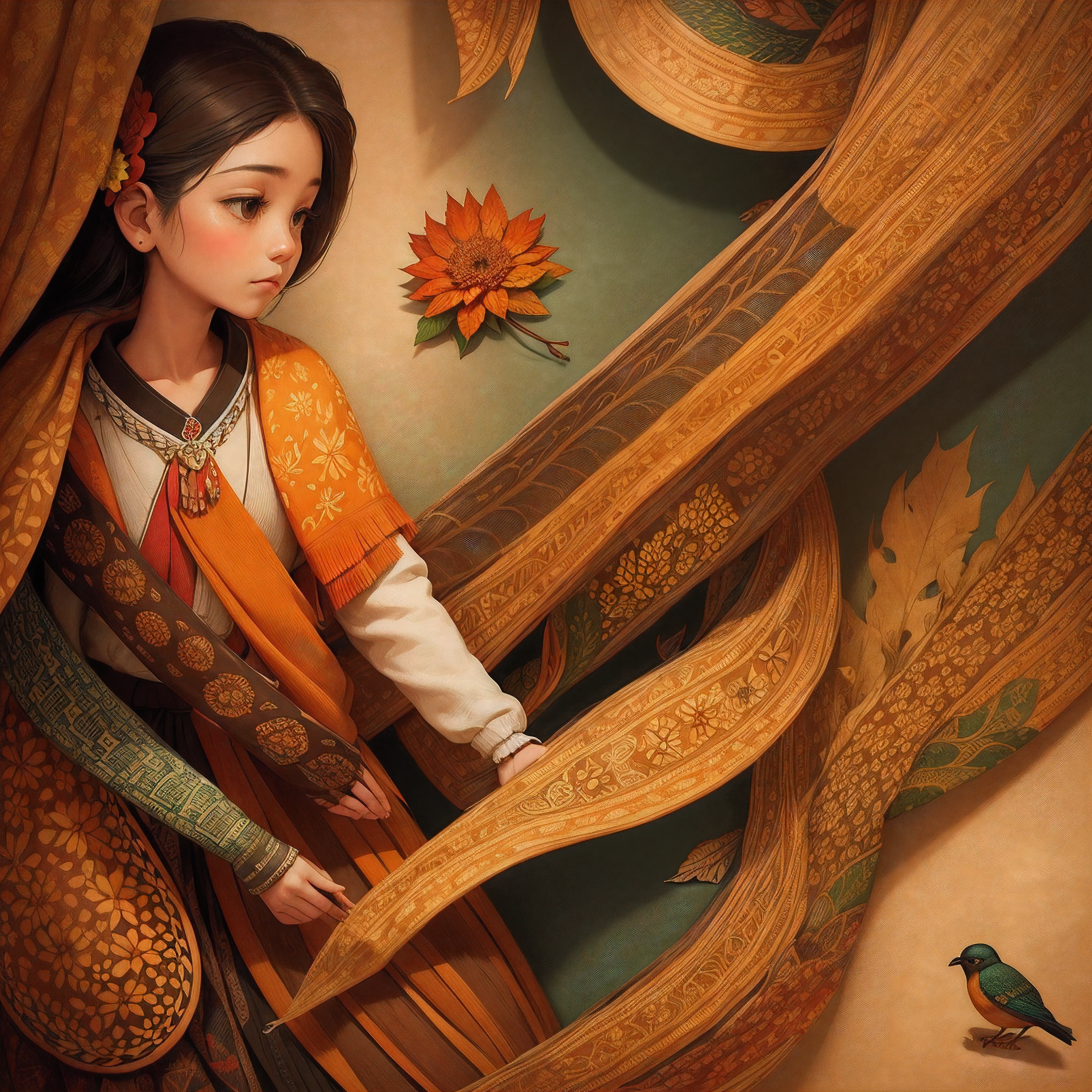 Design an album cover inspired by folk art traditions. Picture intricate patterns and stylized representations of autumn elements, such as leaves, birds, and flowers. The folk art style adds a touch of cultural richness to the visual representation, complementing the diverse musical elements in "Autumn Colors."