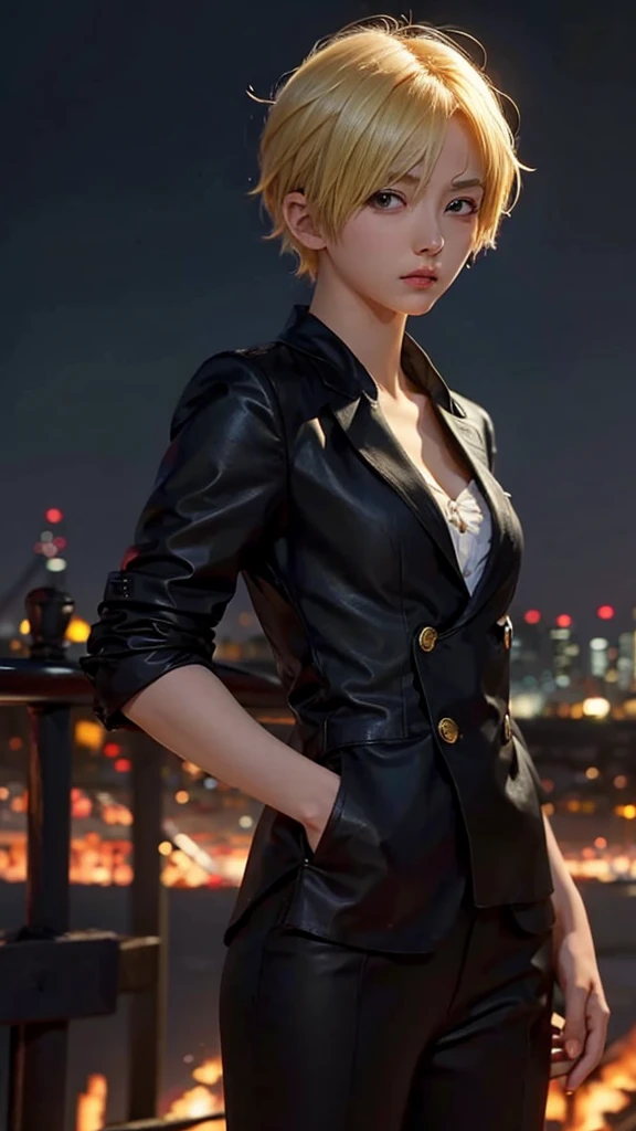 1girl, female sanji in anime one piece, short hair , blonde hair,  black eyes, beautiful, black suit, city background, ultra detail, realistic