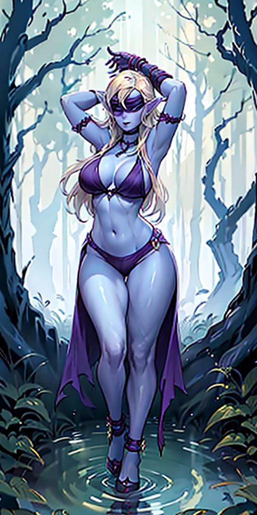 Full body, masterpiece, female drow elf purple skin standing pose, red cape, red bikini, long blonde hair, strong body, high heels, swamp background, water surface, daylight, trees, slave female with choker, blindfolded, shackles on legs and arms
