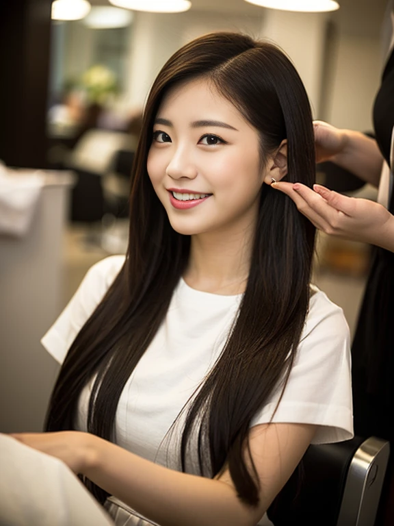 8K, a 20 yo woman, Bokeh background, bokeh feeling, girl's own room, A smile, de pele branca, Cute girl s, Beauty Salon, sitting in a hair salon chair、white cloth for cutting