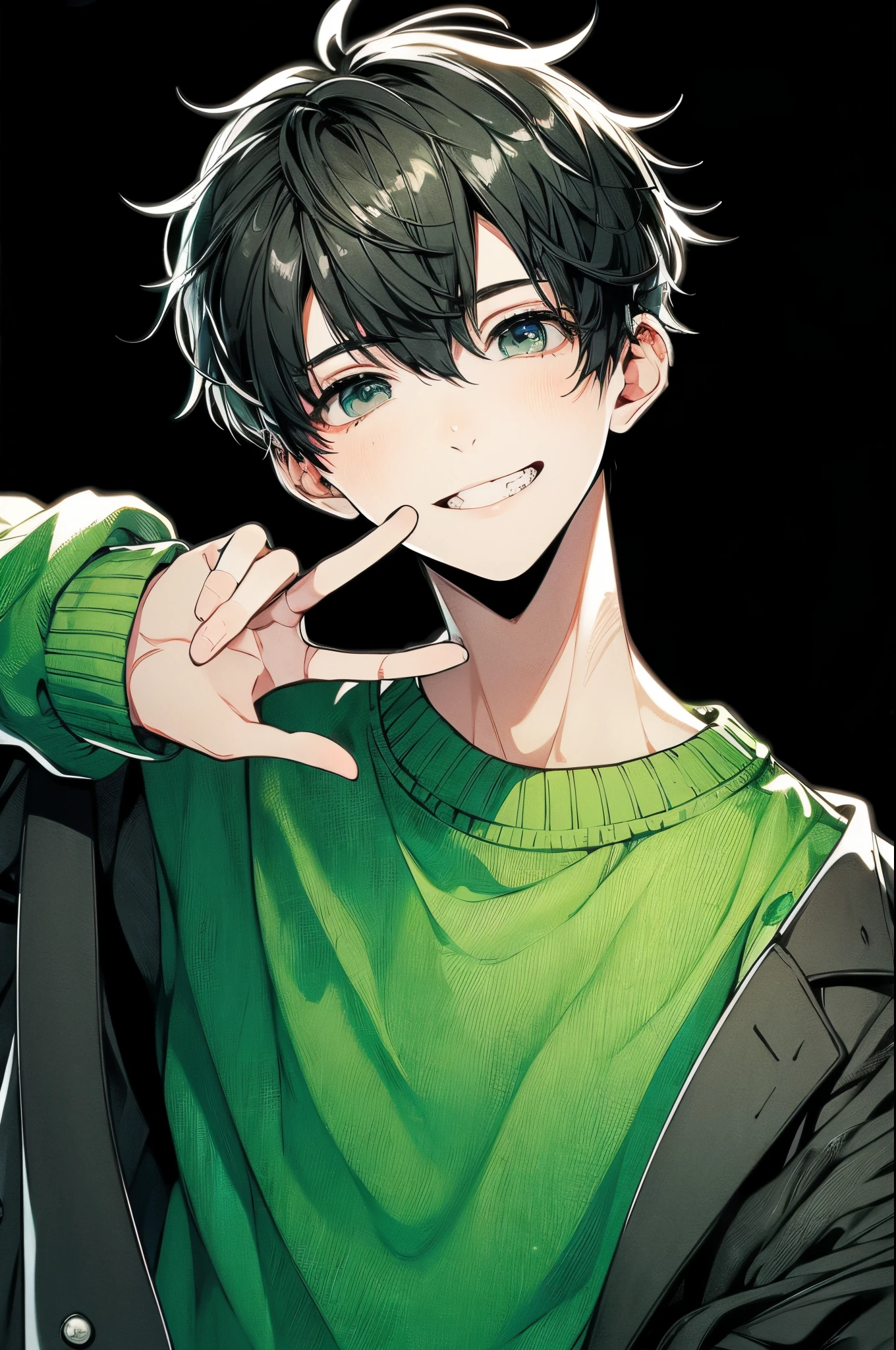Delicate eyes、Eyes as clear as a turtle&#39;s&#39;S&#39;S&#39;S&#39;S&#39;S&#39;S&#39;S&#39;S&#39;S&#39;S&#39;shell of、black hair shorthair、Pixiv style vertical high quality illustration of a beautiful young man with brown eyes, Show your teeth and smile, in a slightly faded state, Soft style. he is wearing a bright green sweater, black overshirt, dark gray baggy pants. The young idol   a 🤙 hand geSture while holding a microphone, And poses. black in the background, Soft、Has a slightly faded effect、Gives a gentle and artistic impression。.